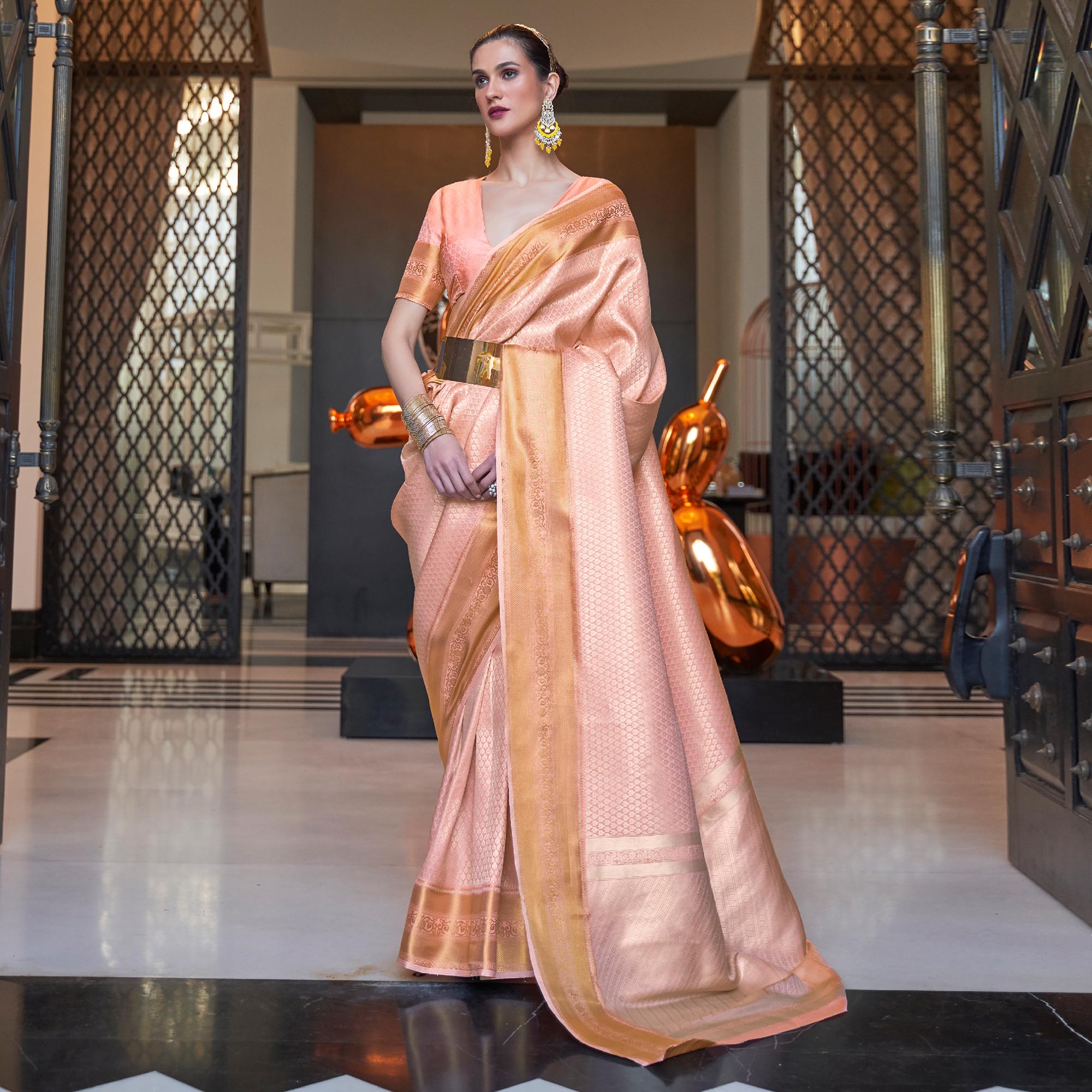 Peach Woven Art Silk Saree