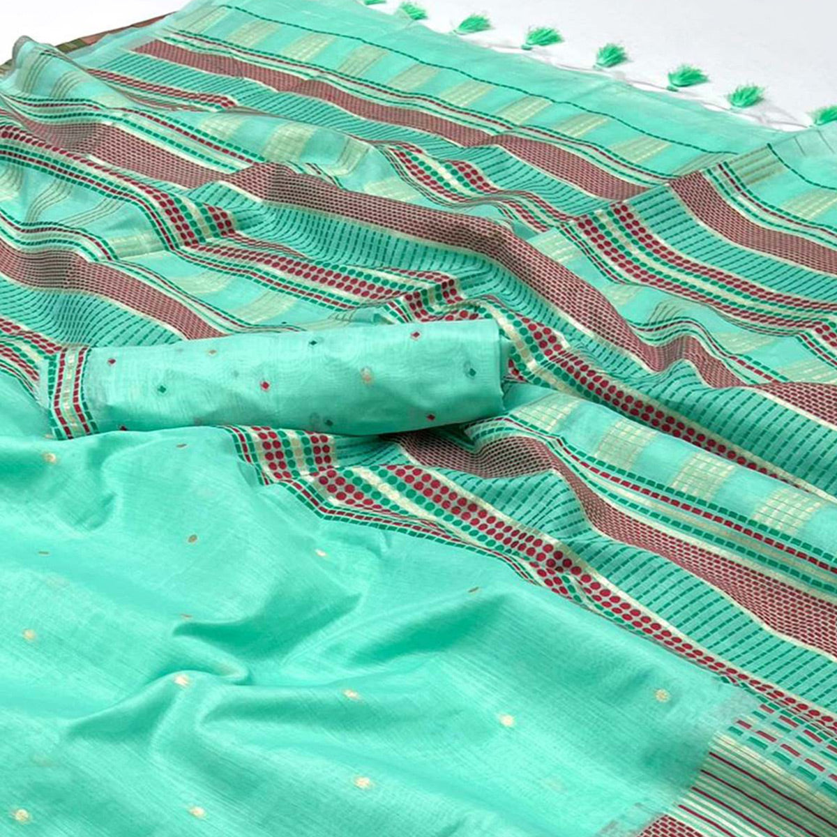 Turquoise Woven Cotton Silk Saree With Tassels