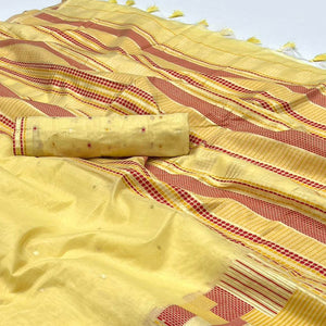 Yellow Woven Cotton Silk Saree With Tassels