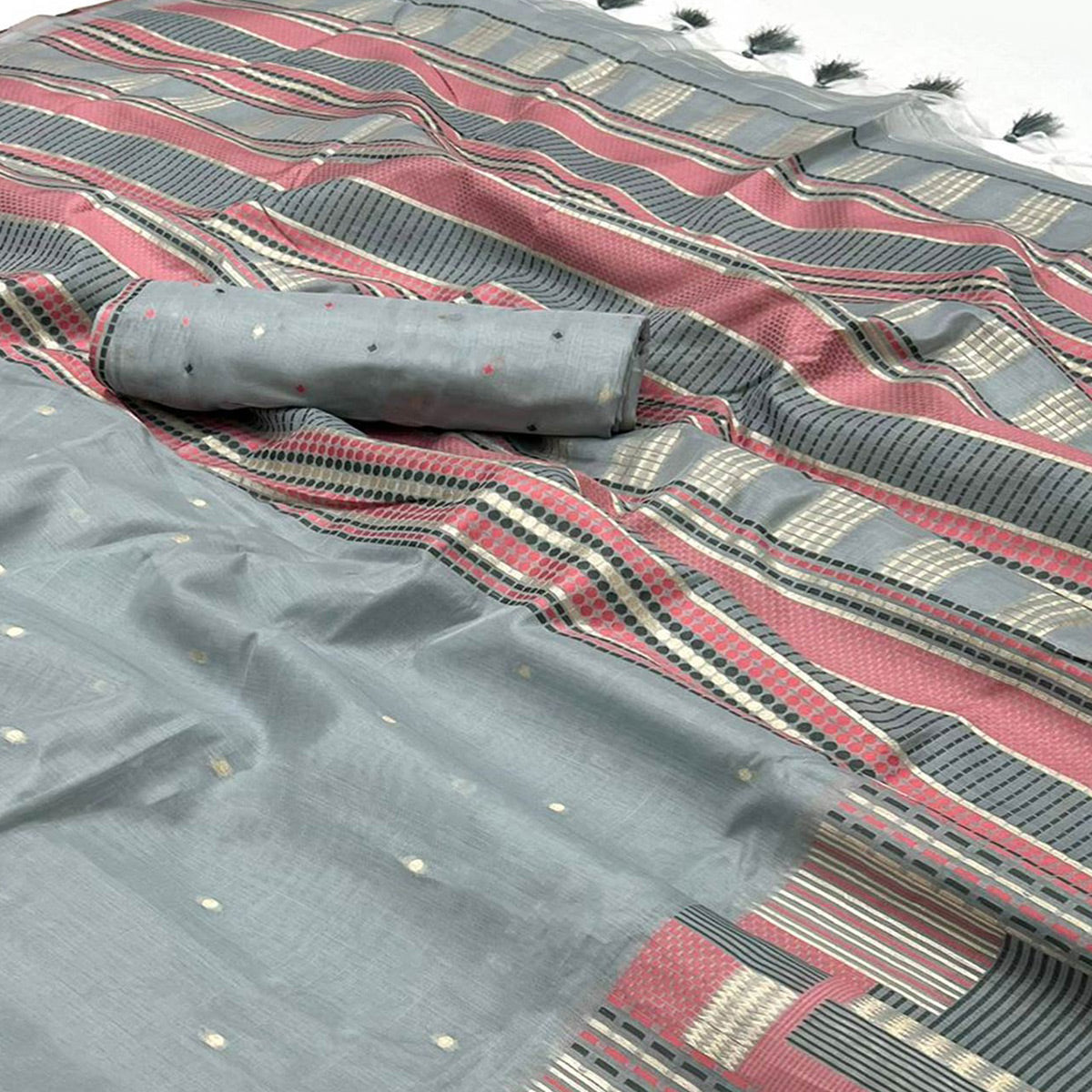 Grey Woven Cotton Silk Saree With Tassels