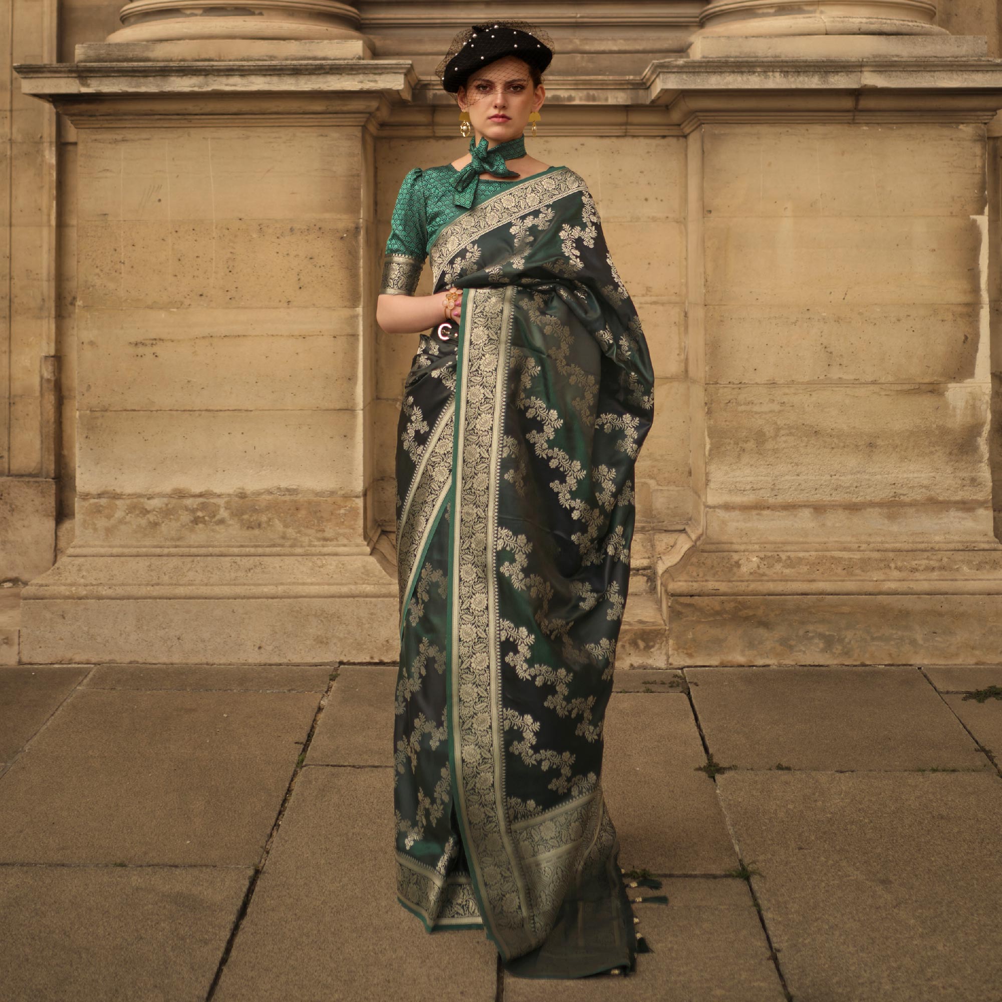 Bottle Green Floral Woven Satin Saree With Tassels
