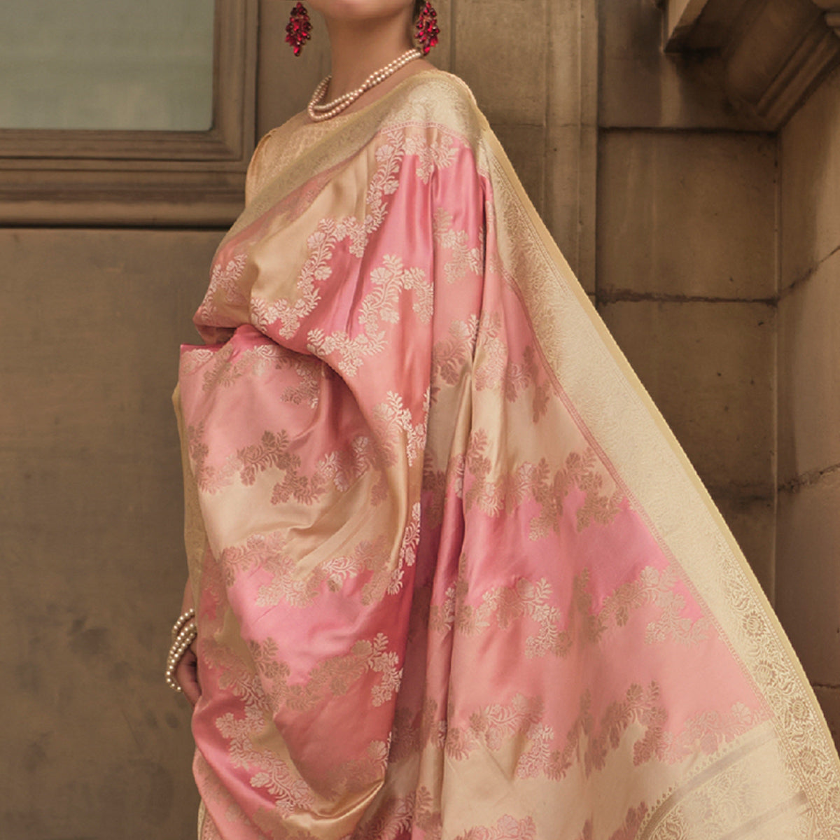 Off White Floral Woven Satin Saree With Tassels