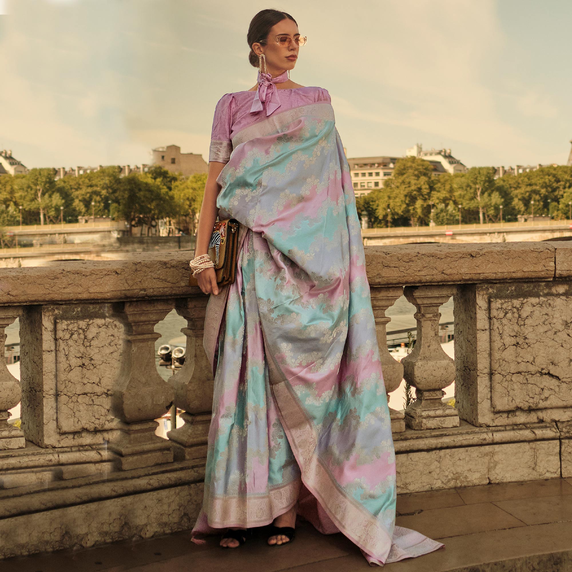 ⁠Pink Floral Woven Satin Saree With Tassels