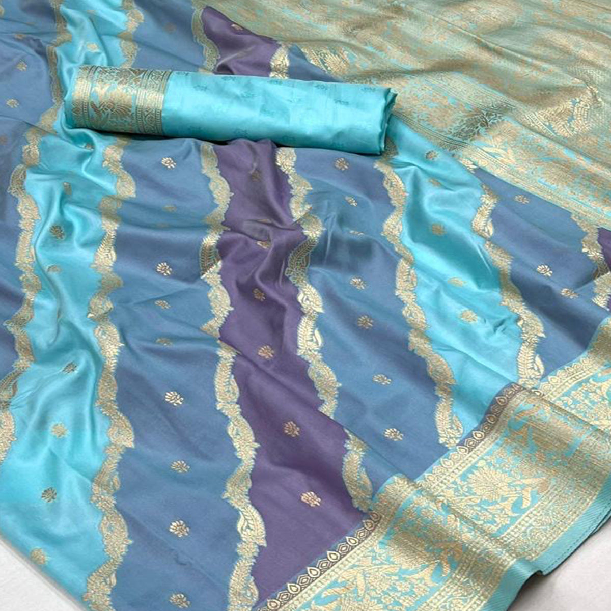 Blue Zari Work Woven Mulberry Silk Saree