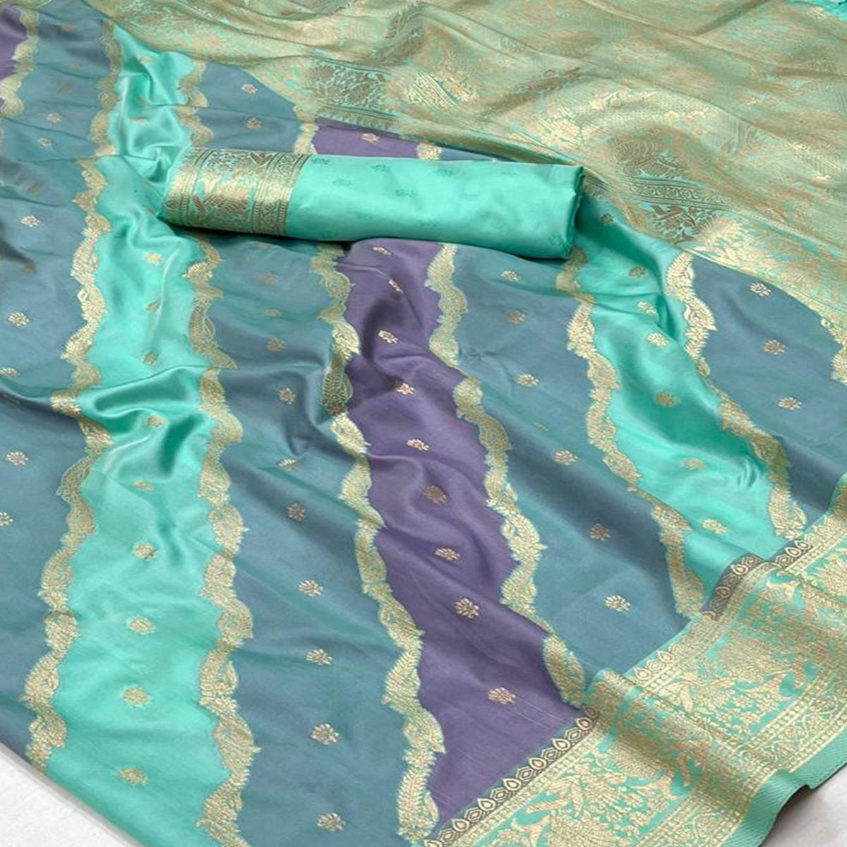 Turquoise Zari Work Woven Mulberry Silk Saree