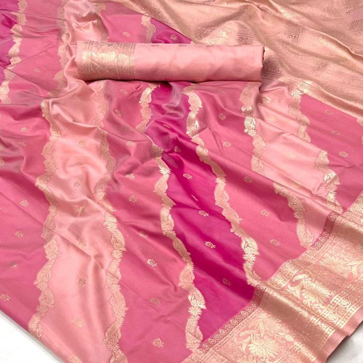 Peach Zari Work Woven Mulberry Silk Saree