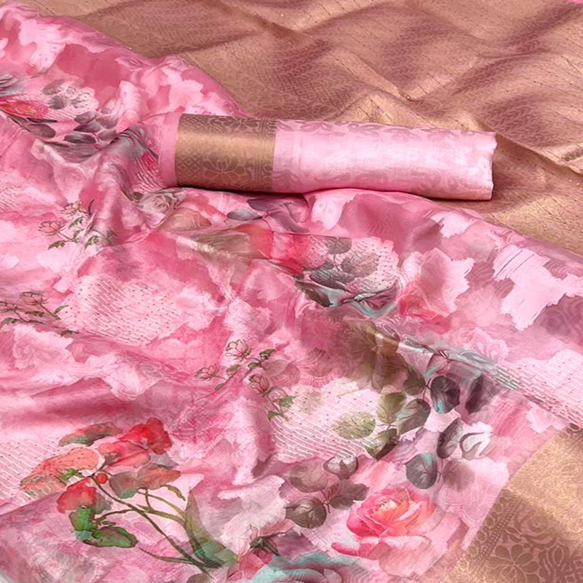 Pink Floral Woven Brasso Saree With Tassels