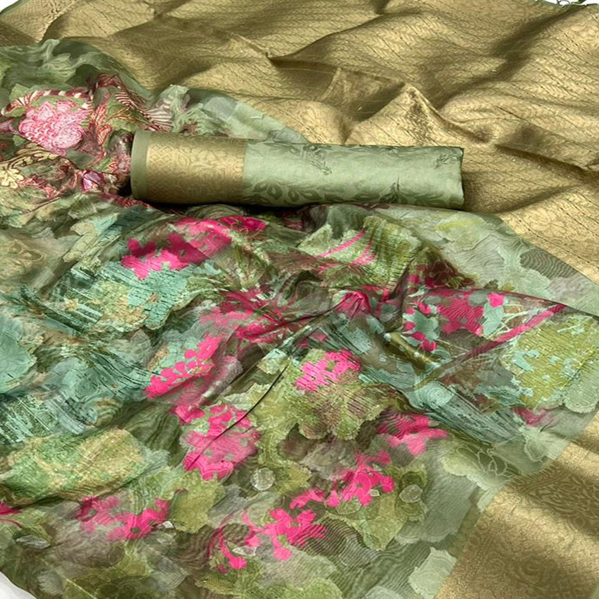 Mehandi Green Floral Woven Brasso Saree With Tassels