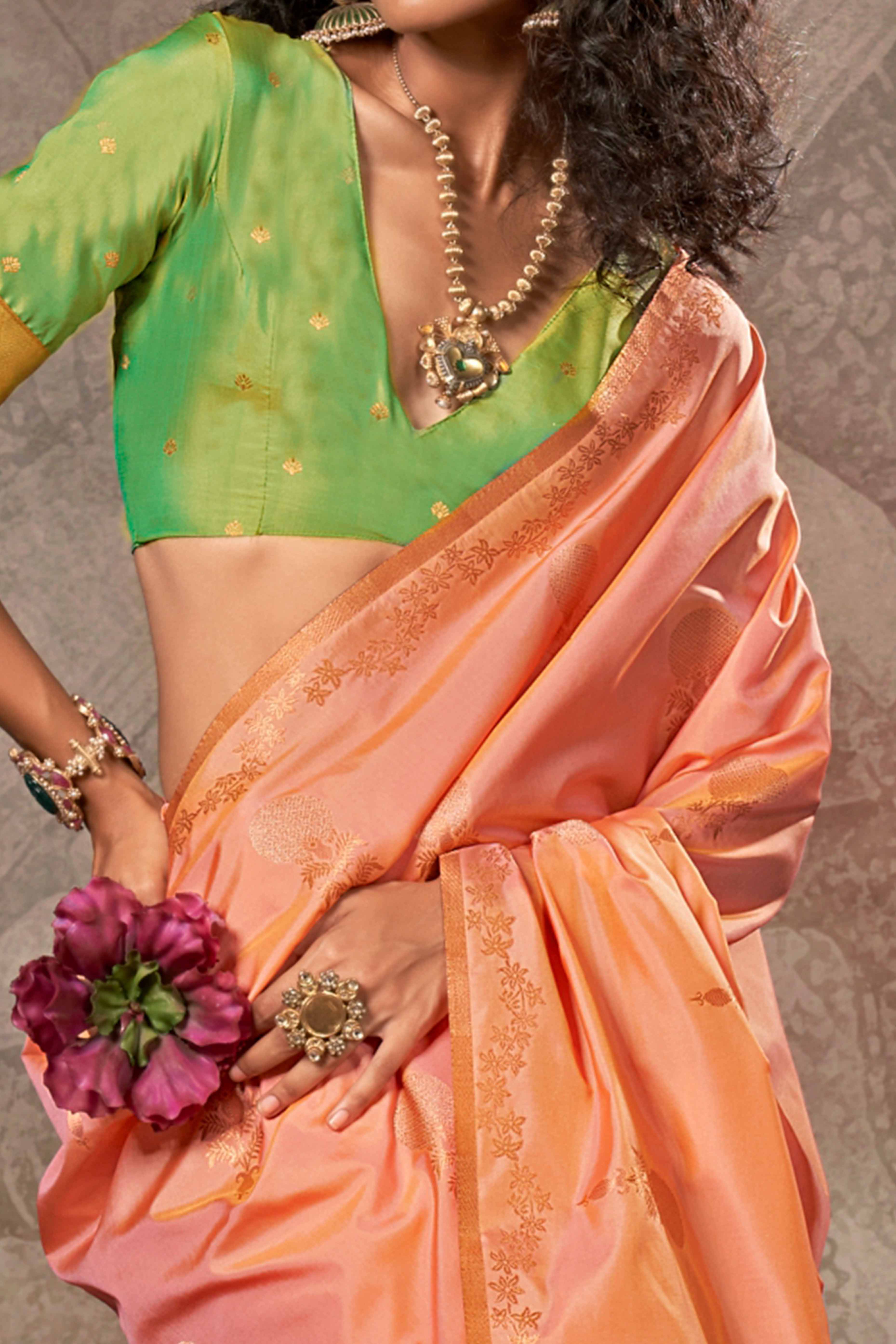 Peach Banarasi Silk Saree with Floral Zari Weaving