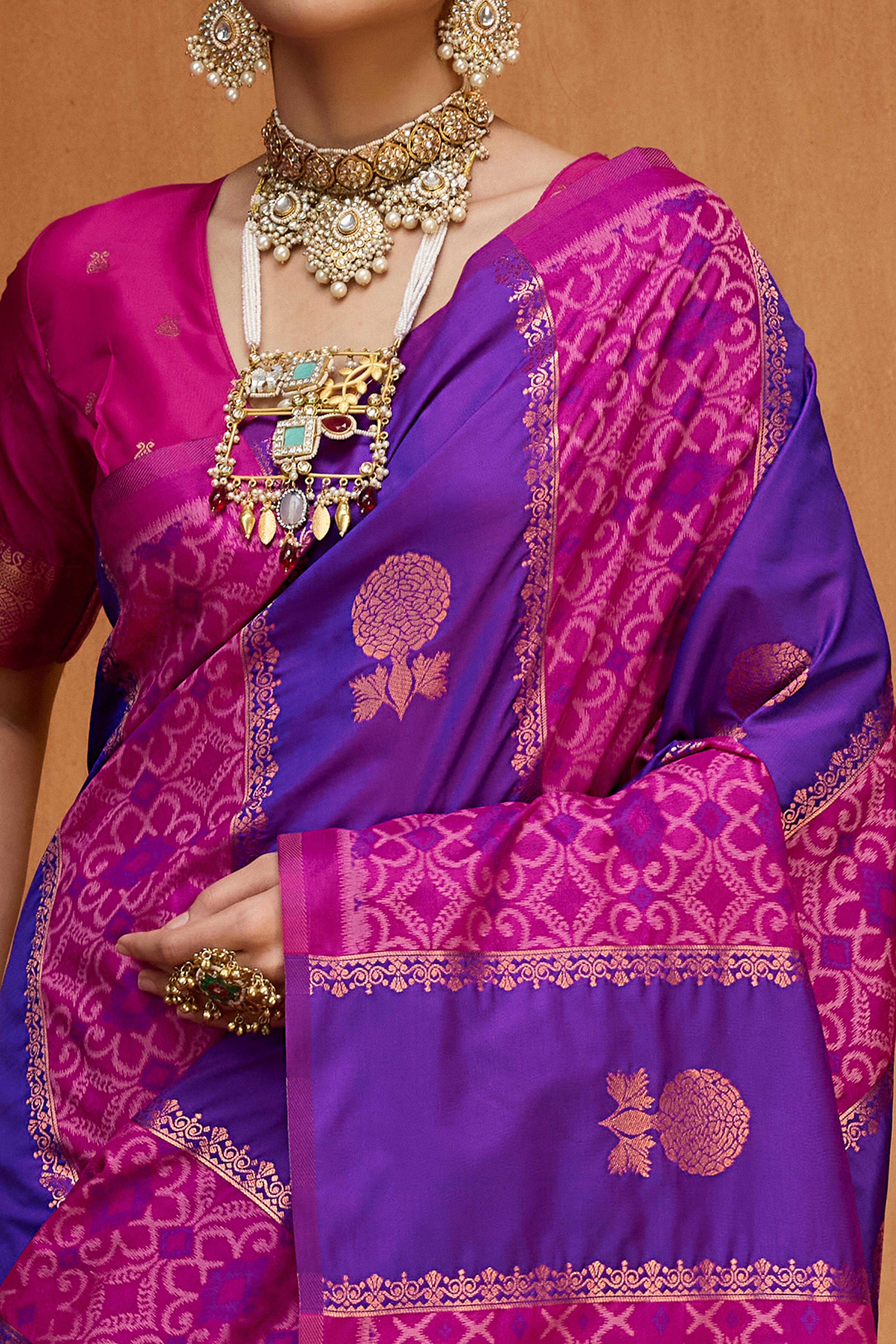 Classic Royal Purple Floral Handloom Weaving Art Silk Saree With Statement Tassel Pallu