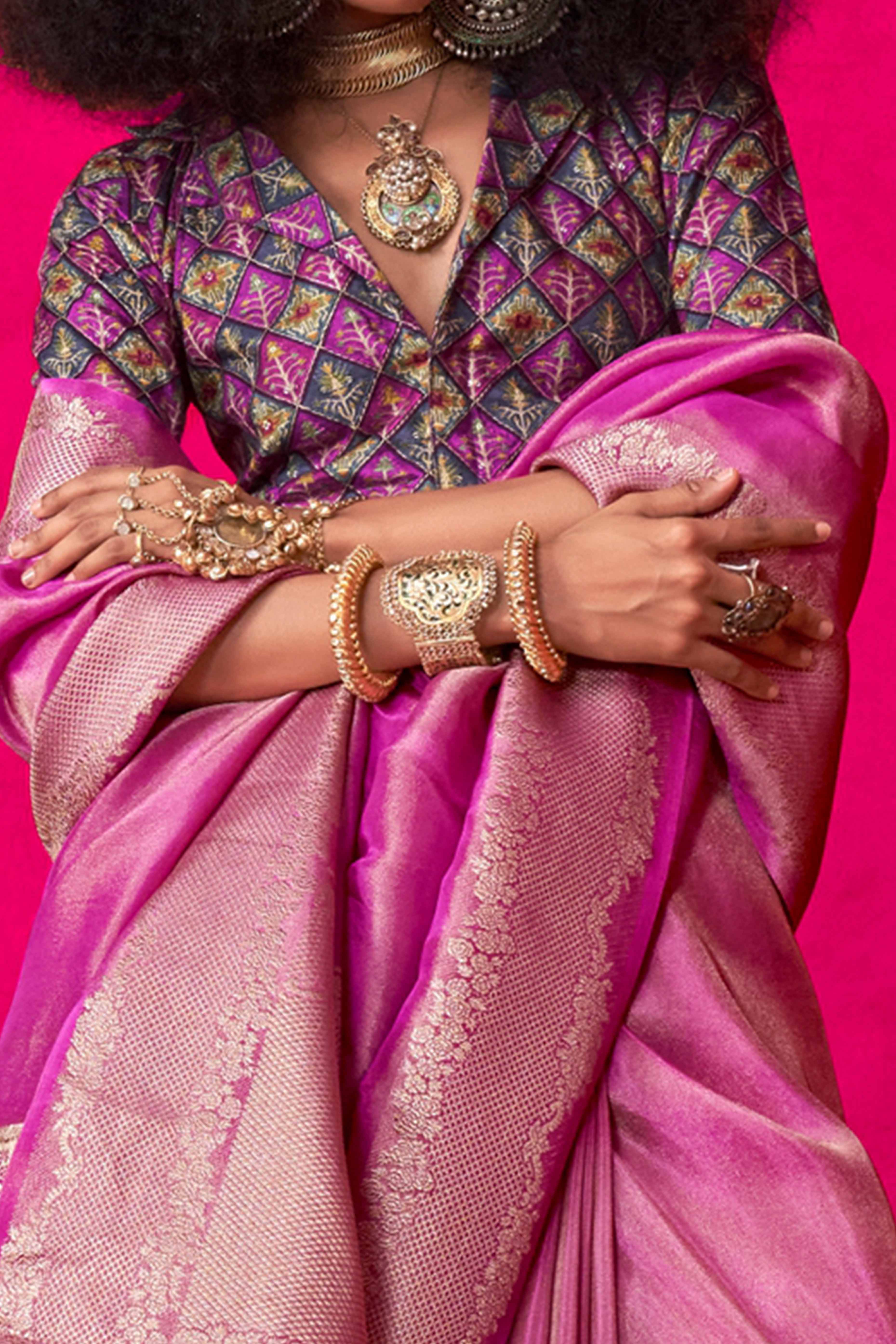 Pink Tissue Saree Adorned with Zari Weaving Border