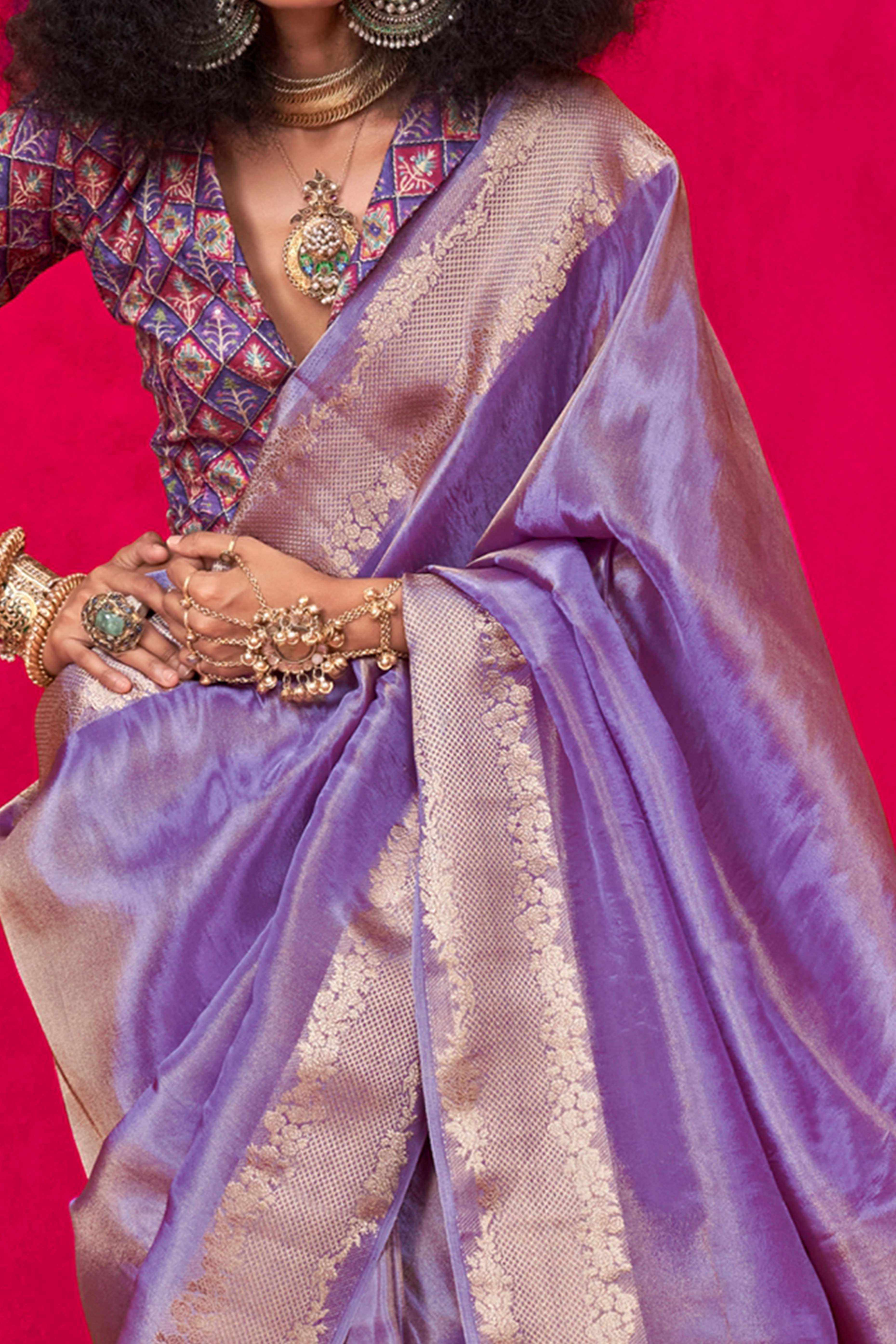Purple Tissue Saree Adorned with Zari Weaving Border