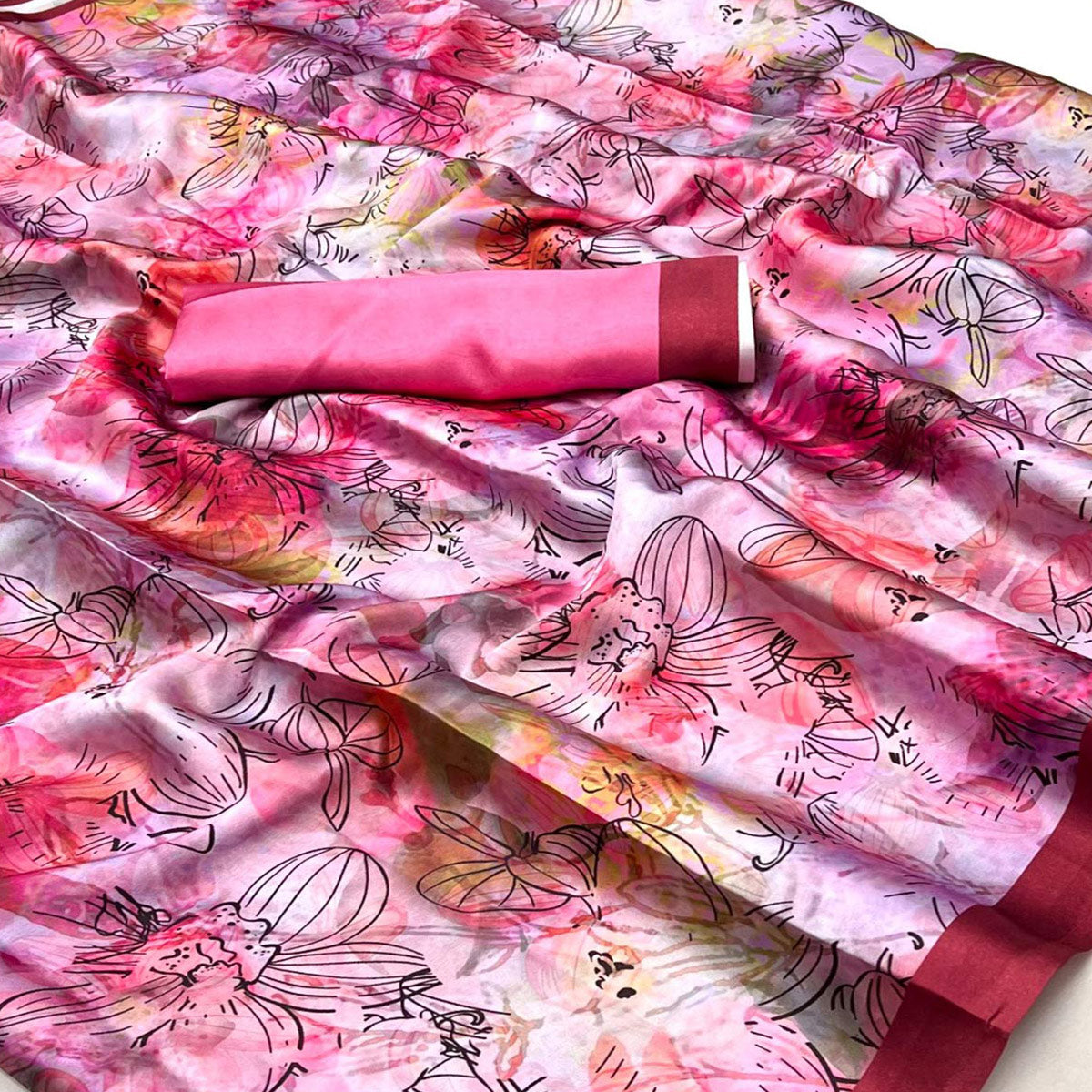 Pink Digital Printed Satin Saree