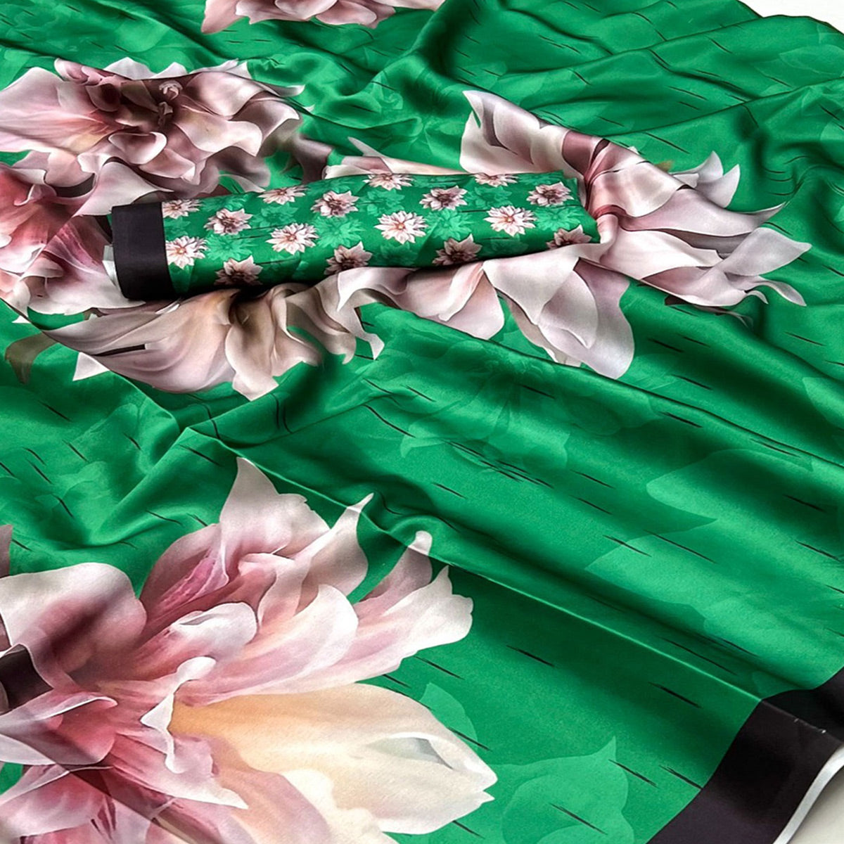 Green Digital Printed Satin Saree