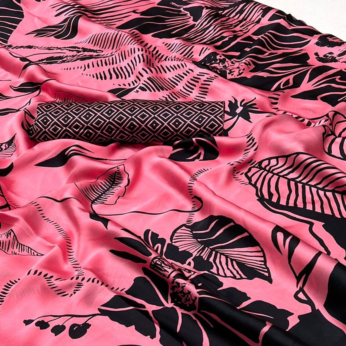 Pink Printed Satin Saree