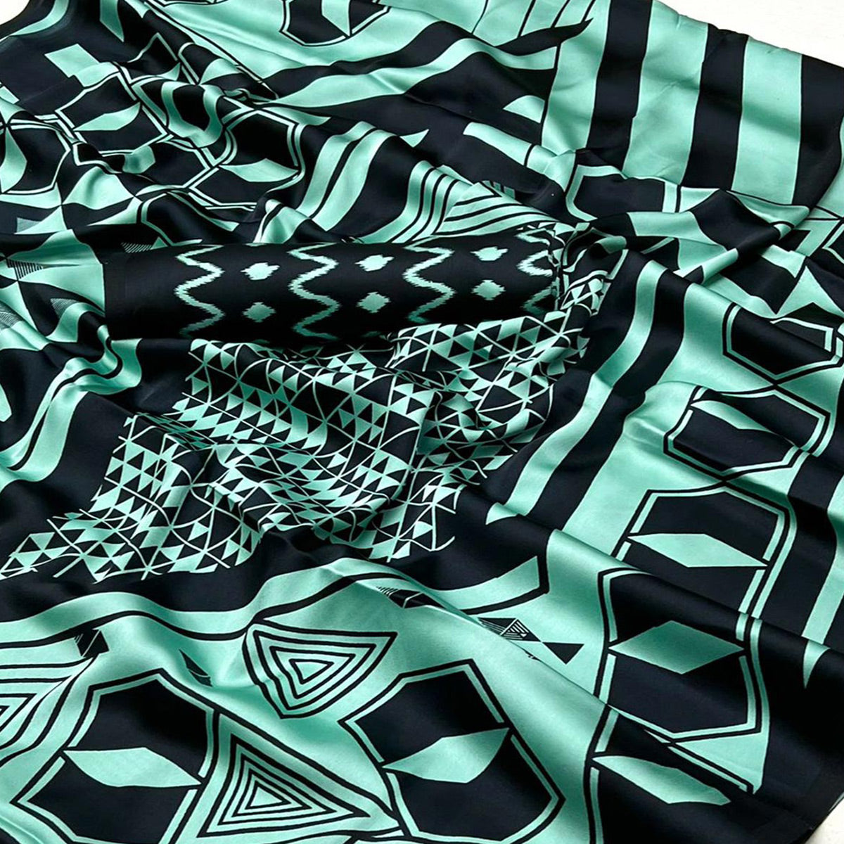 Sea Green Printed Satin Saree