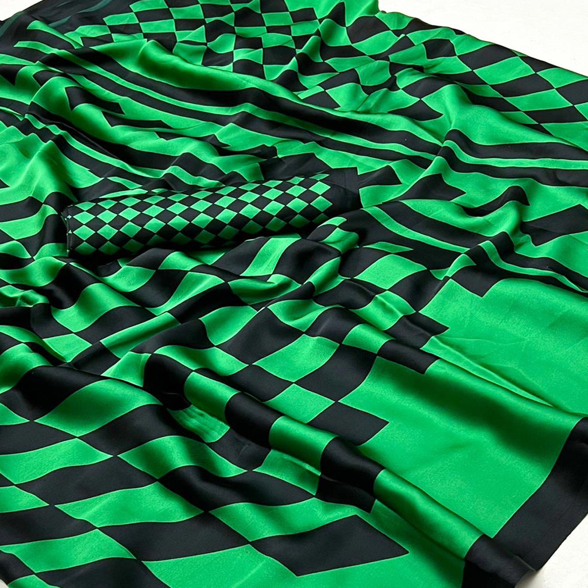 Green Printed Satin Saree