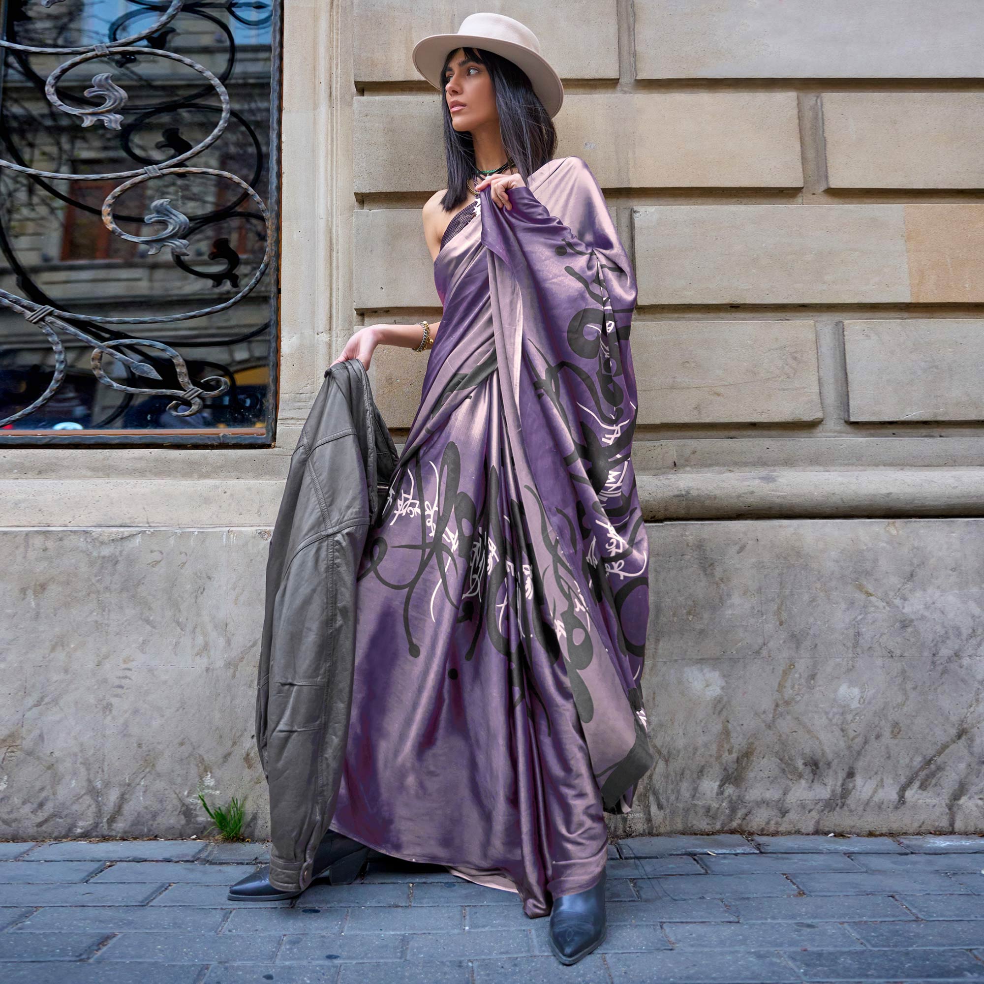 Purple Printed Satin Saree