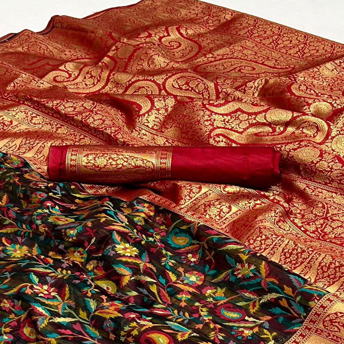 Black Floral Woven Chanderi Silk Saree