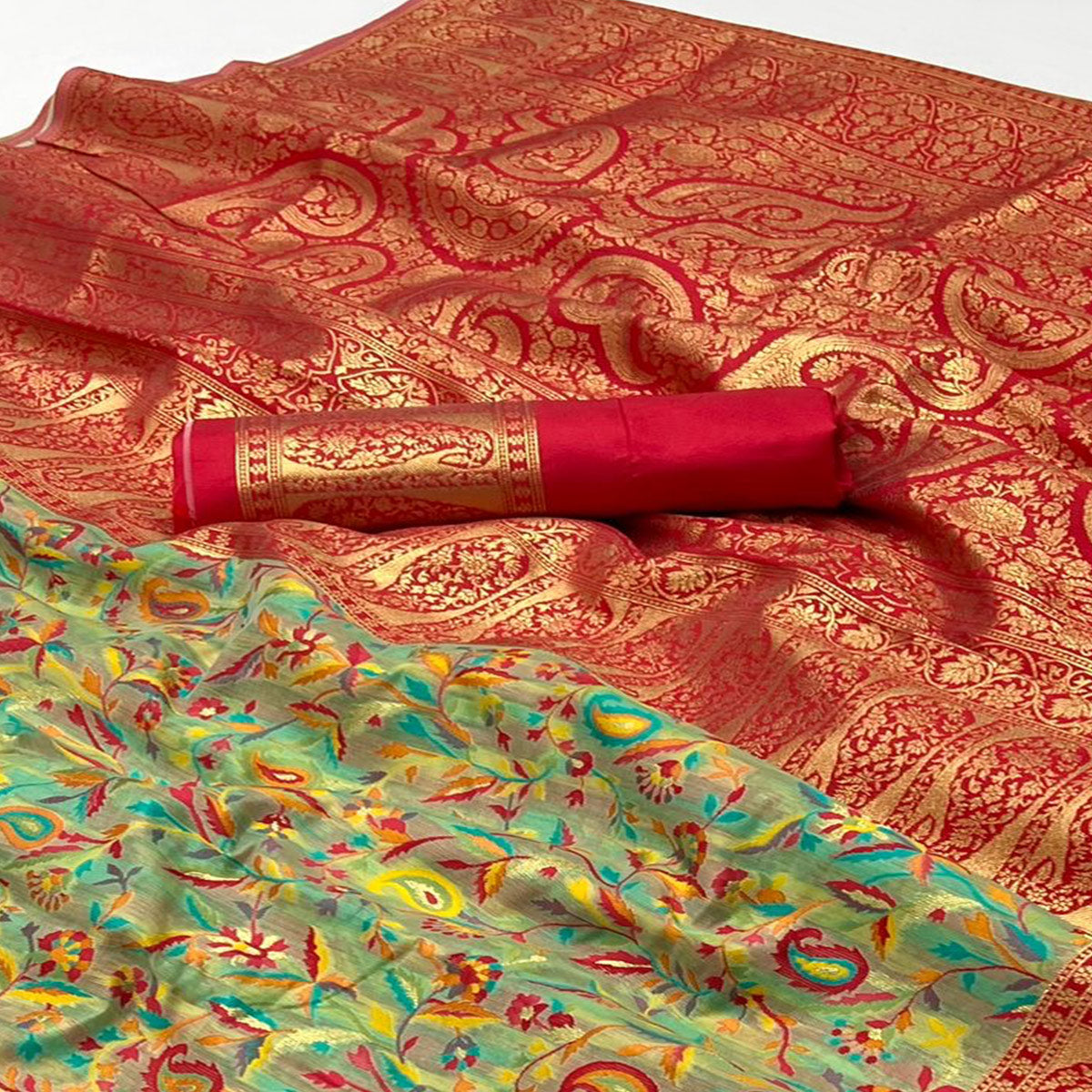 Pista Green Floral Woven Chanderi Silk Saree