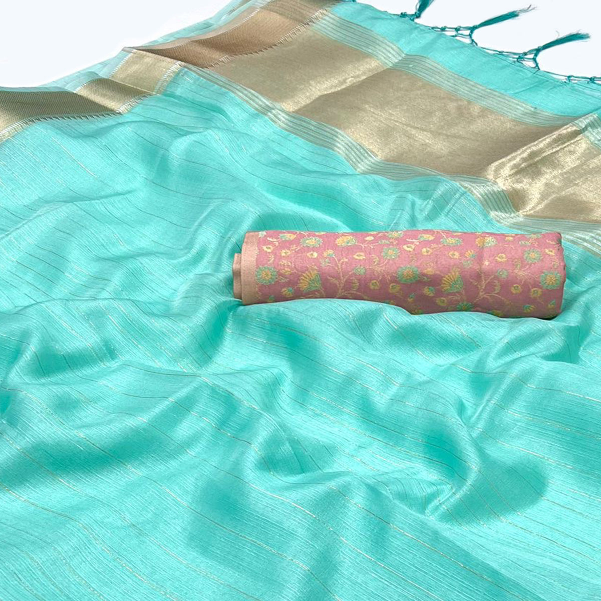 Turquoise Woven Zari Chiffon Saree