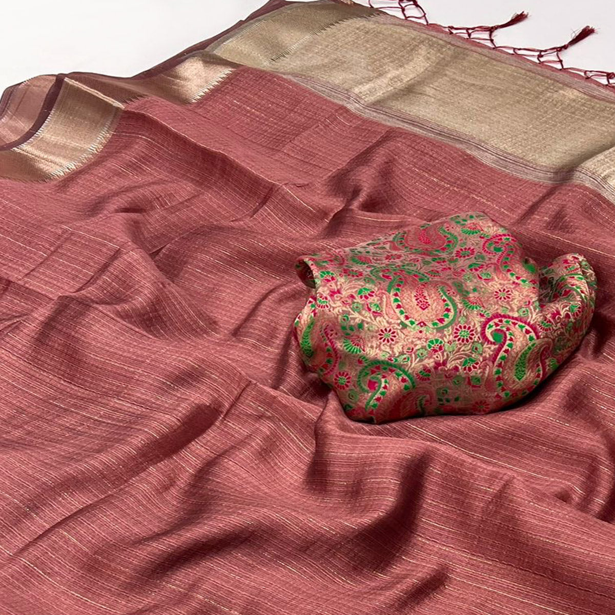 Rust Handloom Woven Chiffon Saree