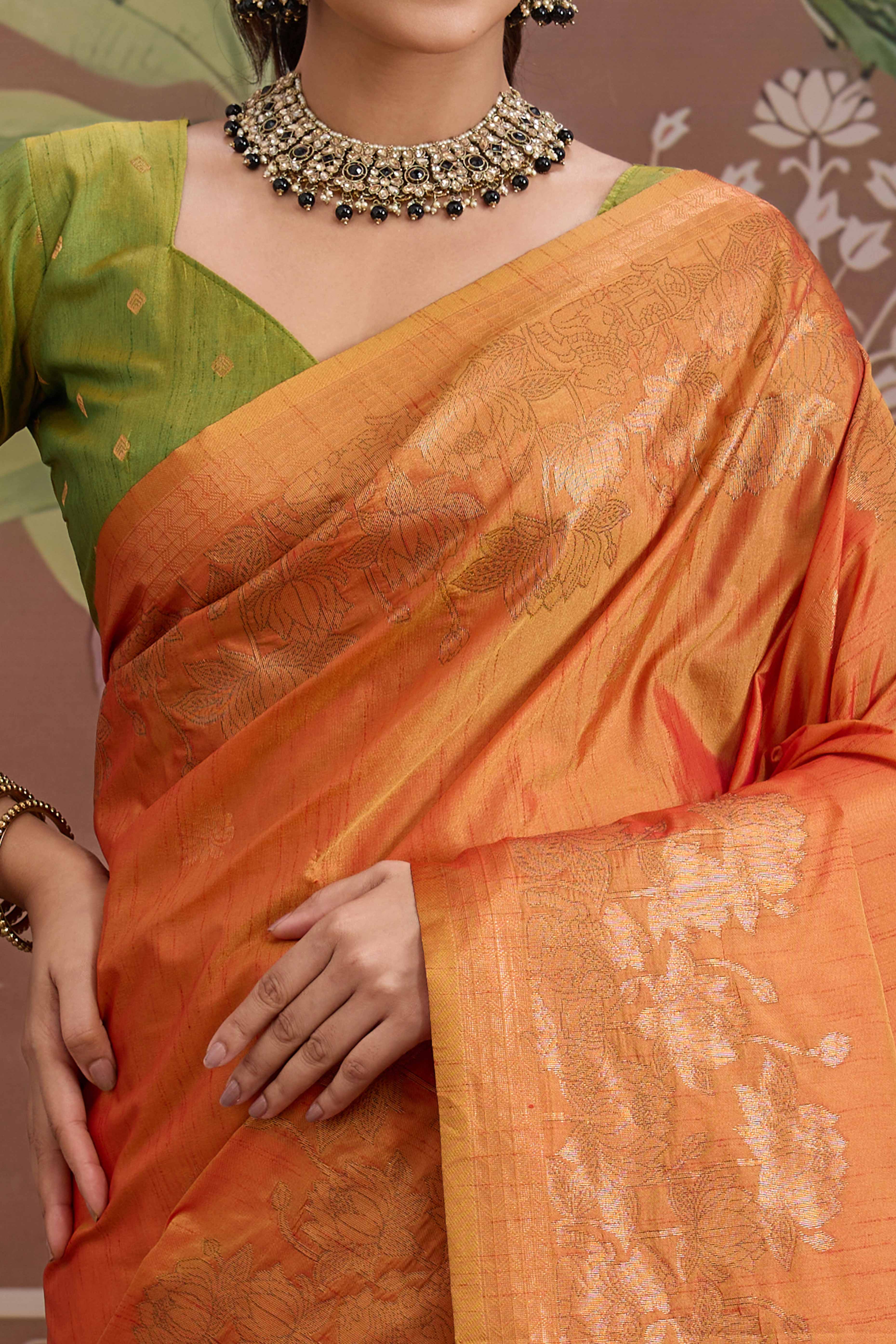Luxury Orange Pichwai Style Saree in Silk Blend with Intricate Zari Work