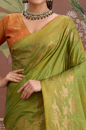 Luxury Lime Green Pichwai Style Saree in Silk Blend with Intricate Zari Work