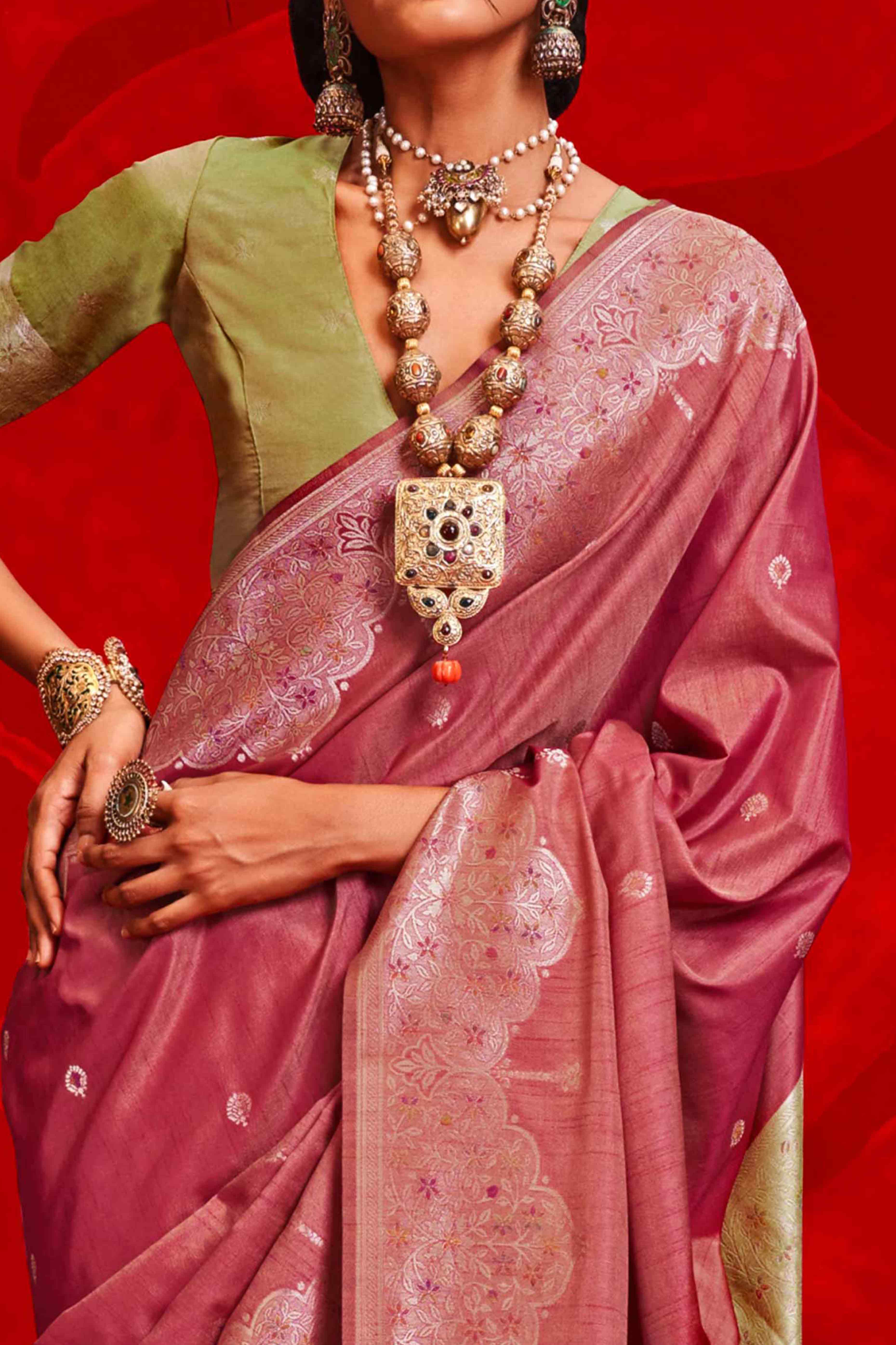 Pink Floral Zari Woven Tussar Silk Saree