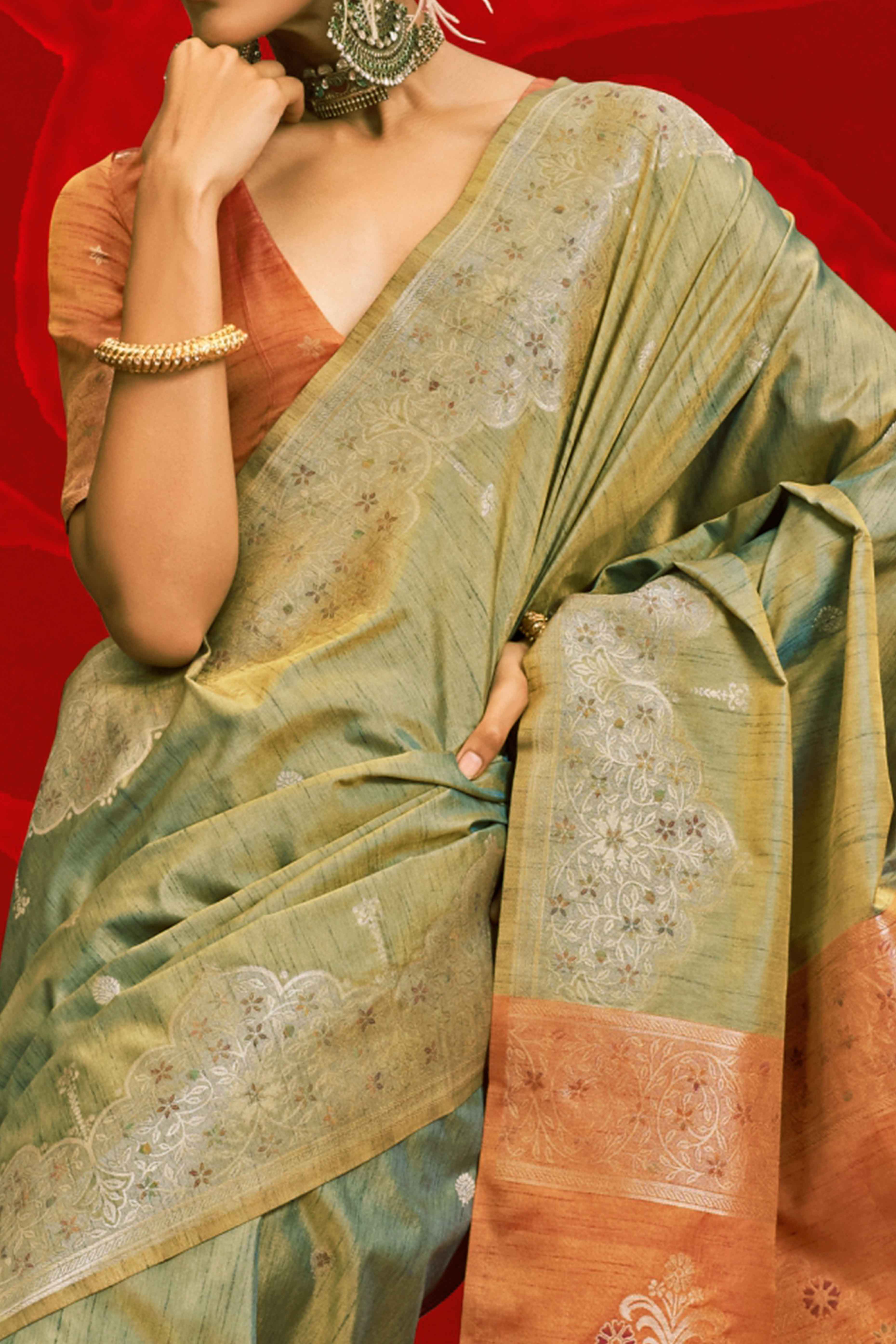 Grey Floral Zari Woven Tussar Silk Saree