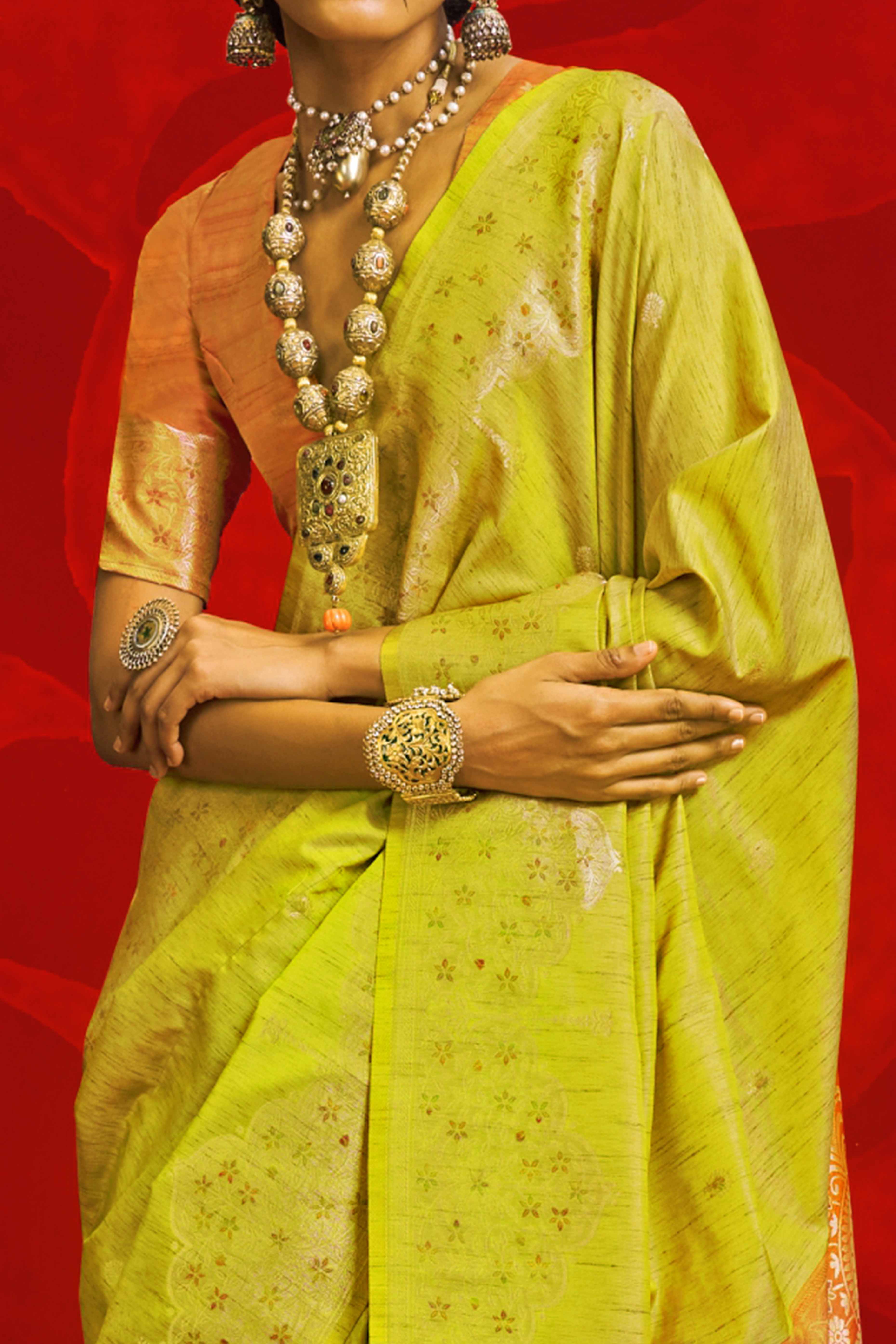 Mustard Floral Zari Woven Tussar Silk Saree