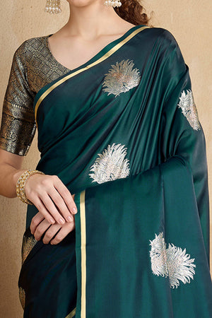 Morpich Green Satin Saree Featuring Intricate Handloom Weaving
