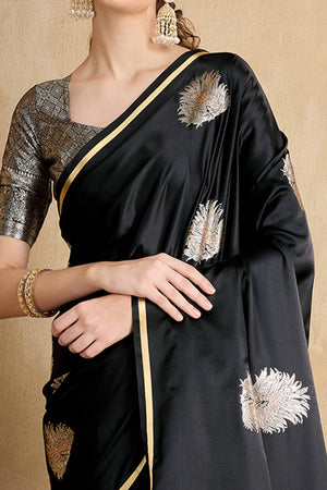 Black Satin Saree Featuring Intricate Handloom Weaving