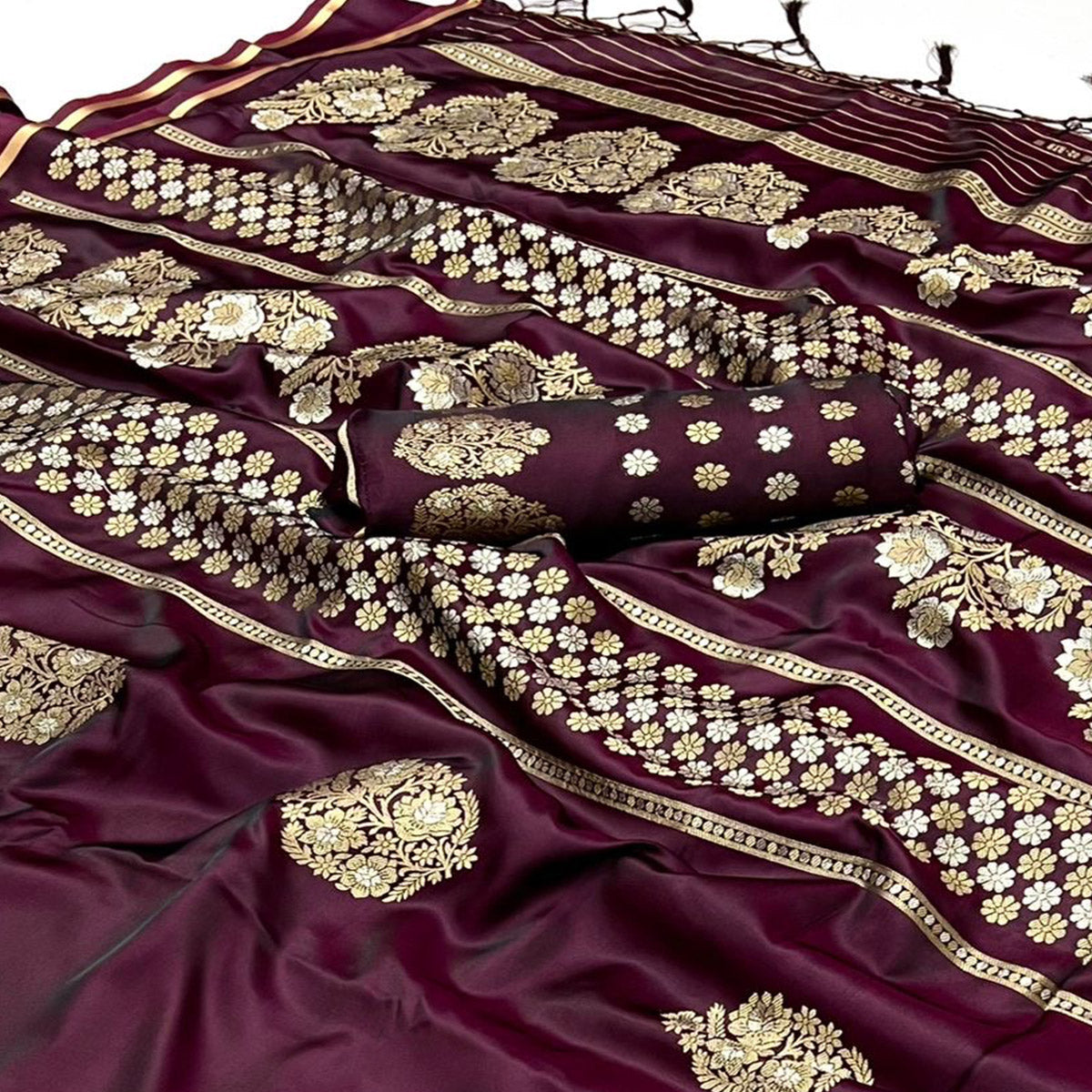 Wine Floral Design Zari Woven Satin Saree