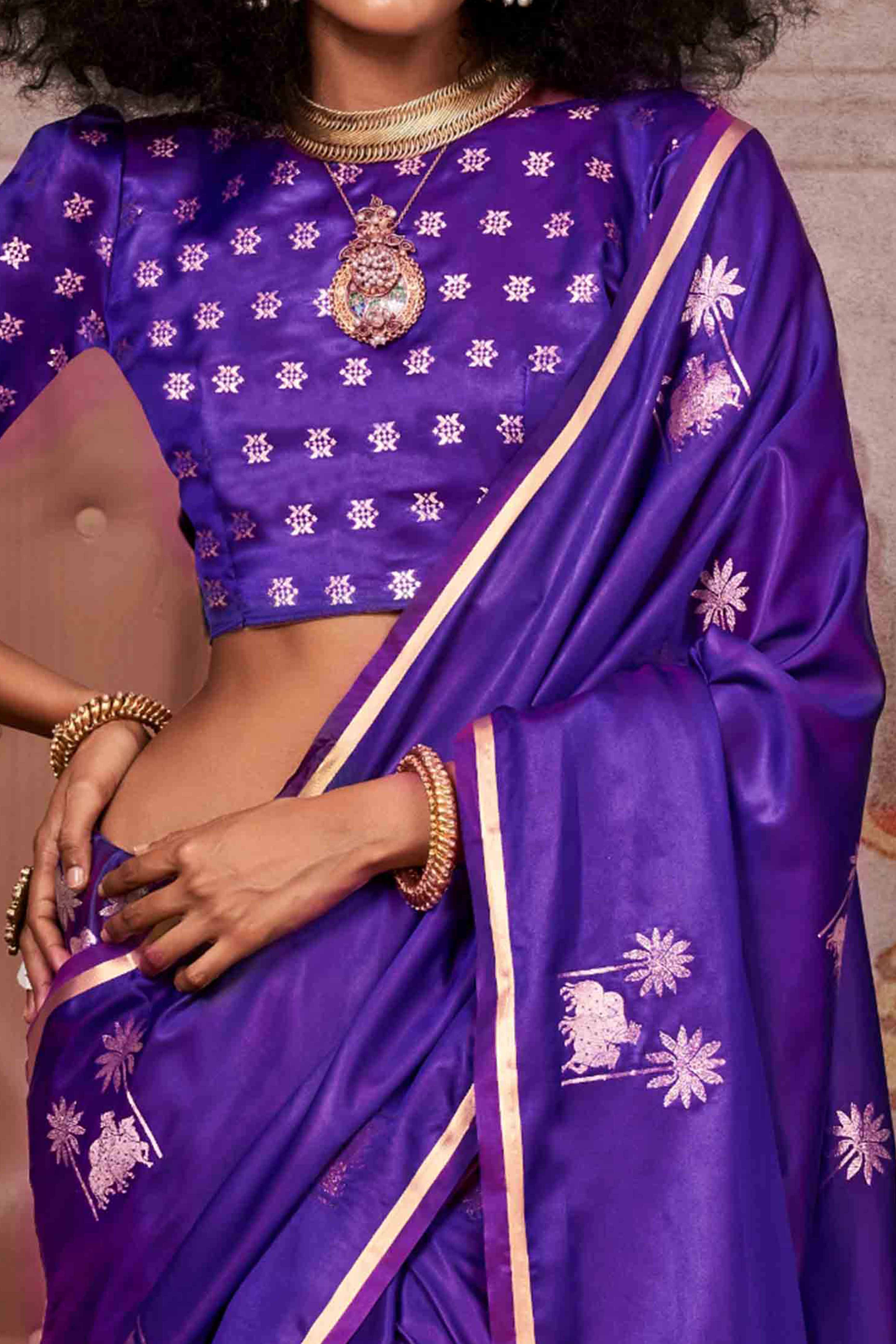 Purple Floral Zari Weaving Satin Saree