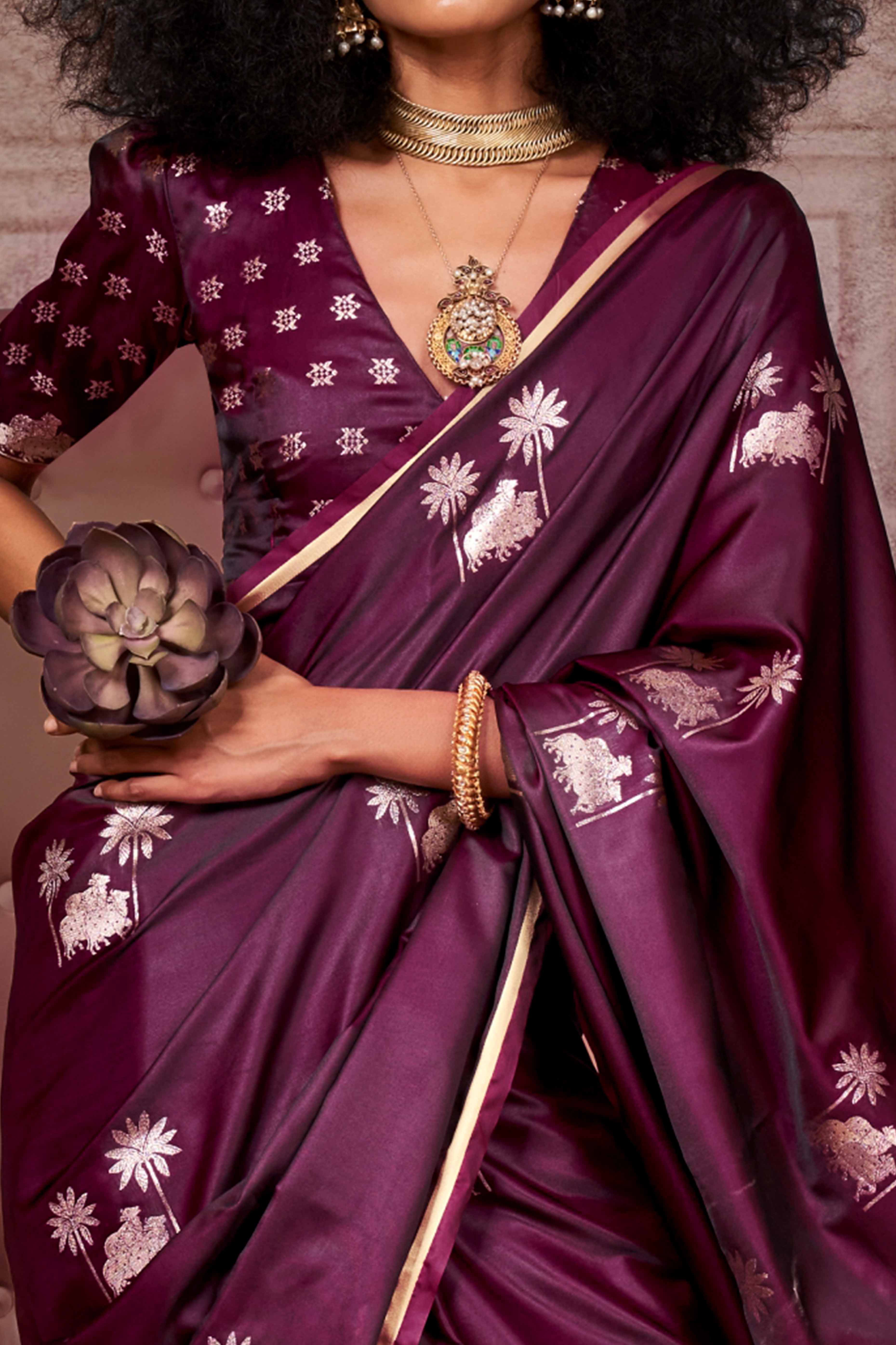 Wine Floral Zari Weaving Satin Saree