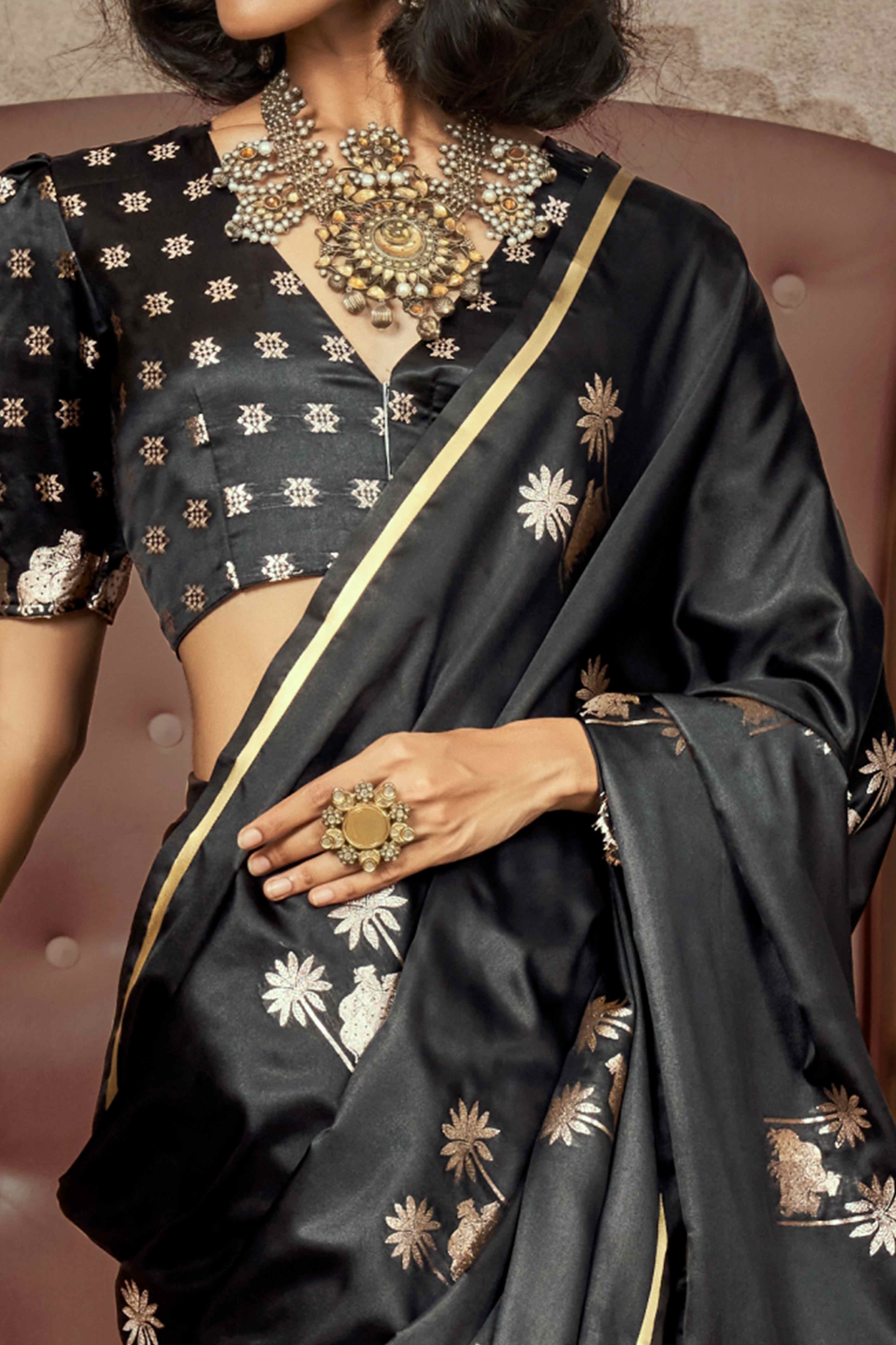 Black Floral Zari Weaving Satin Saree