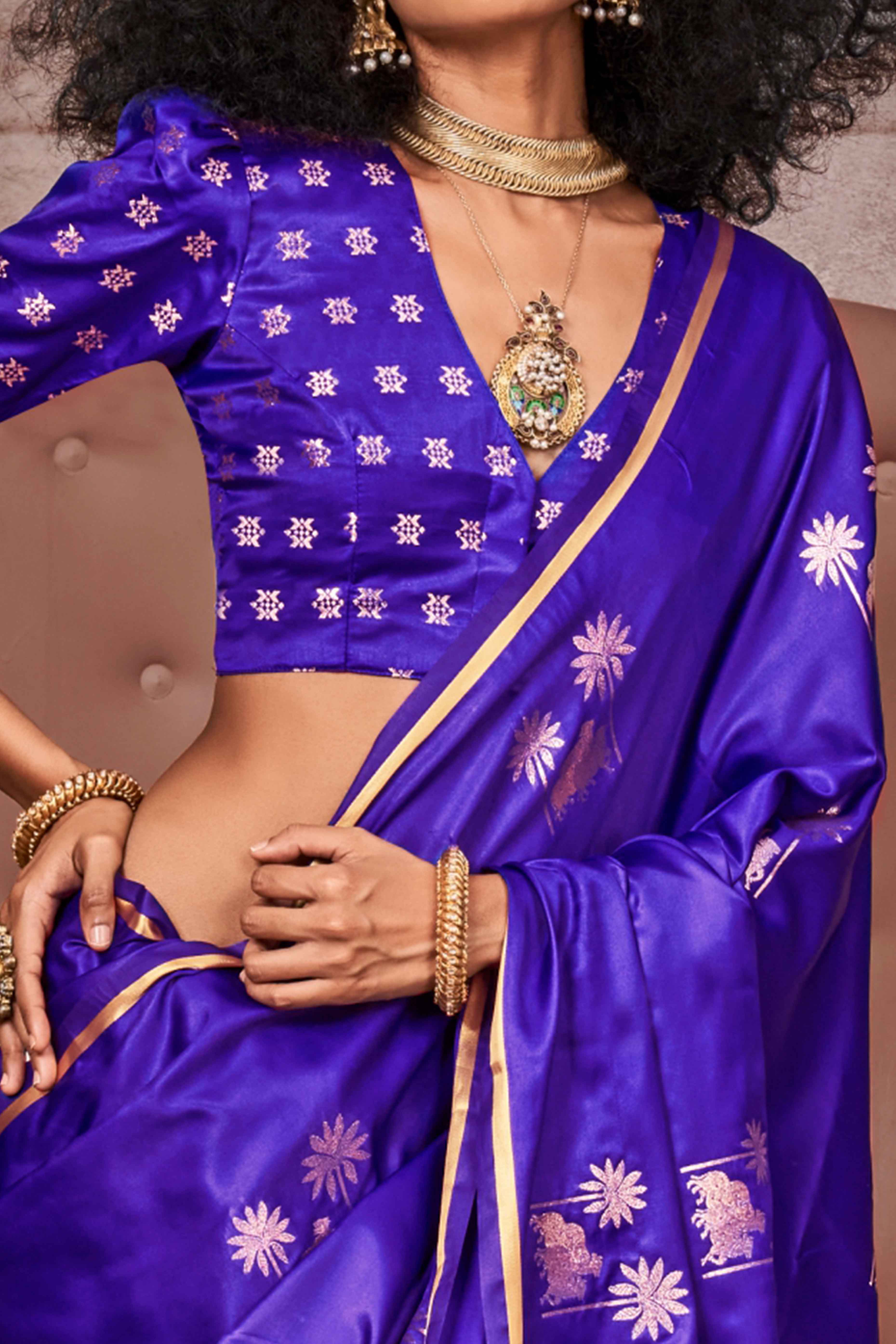 Violet Floral Zari Weaving Satin Saree