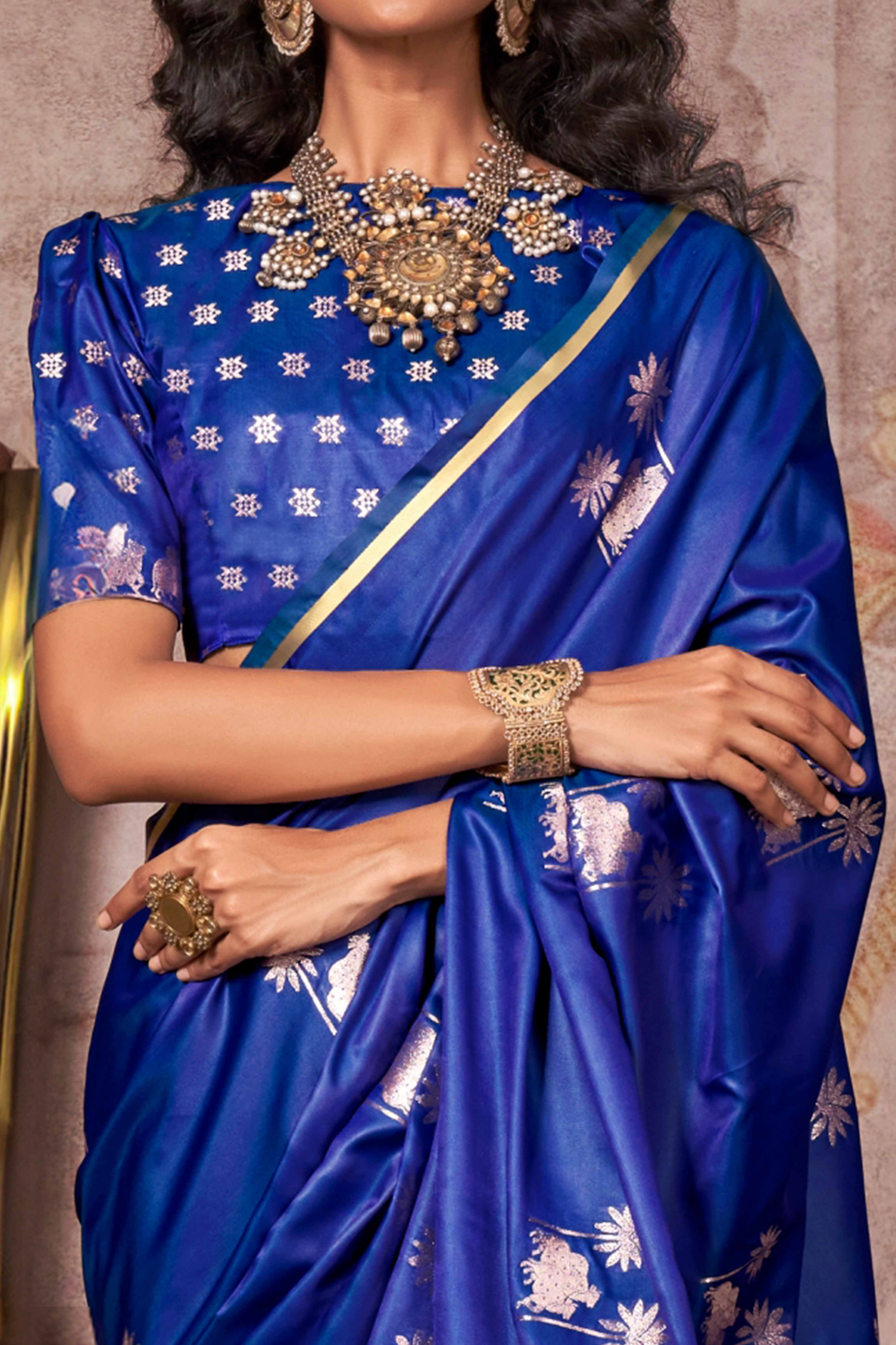 Blue Floral Zari Weaving Satin Saree