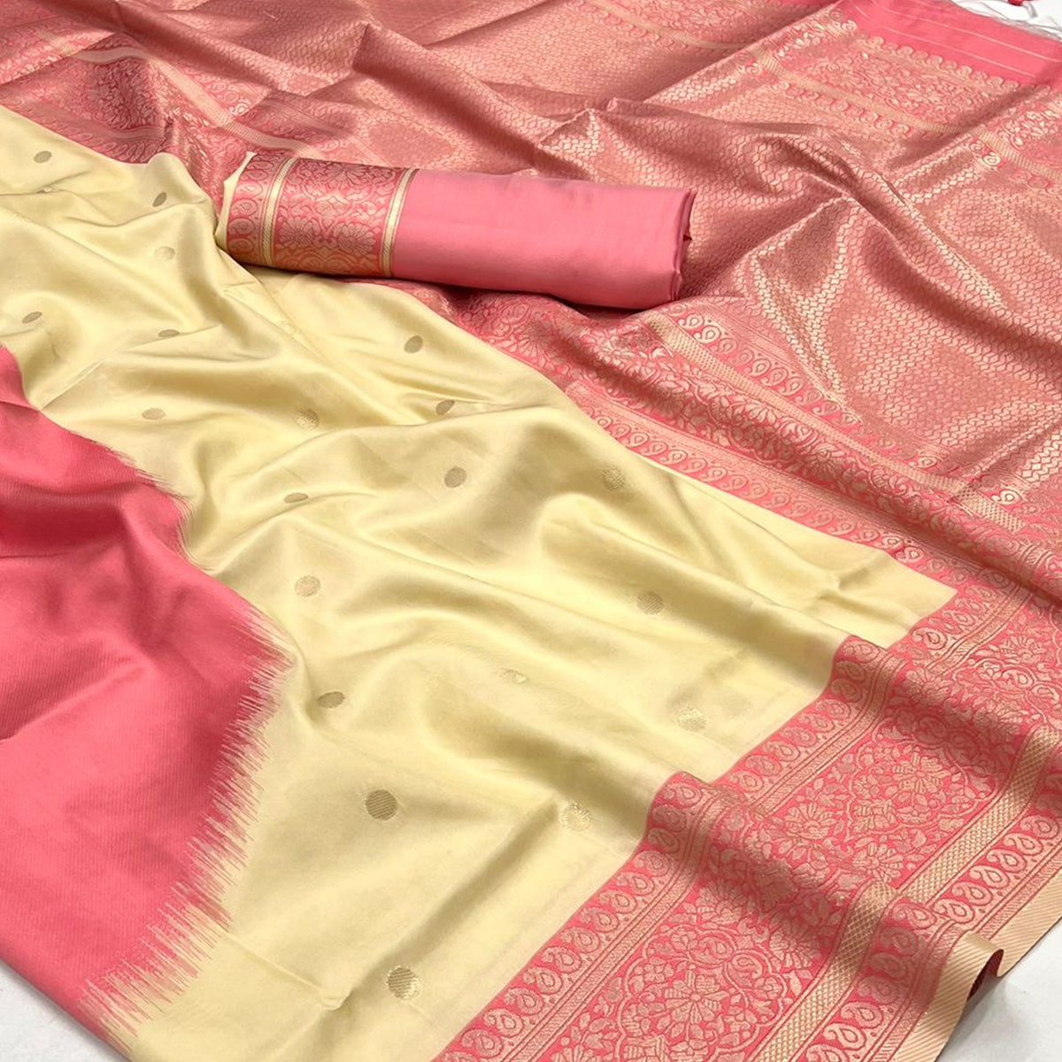 Beige & Peach Zari Butti Work Banarasi Silk Saree