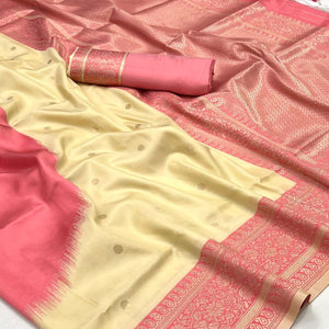 Beige & Peach Zari Butti Work Banarasi Silk Saree