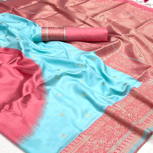 Sky Blue & Peach Zari Butti Work Banarasi Silk Saree