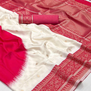 Cream & Red Zari Butti Work Banarasi Silk Saree