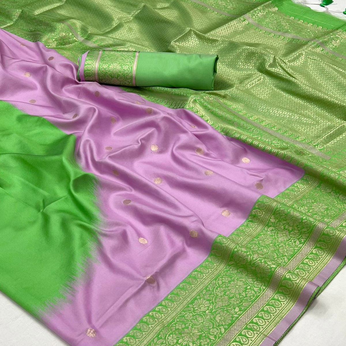 Lavender & Green Zari Butti Work Banarasi Silk Saree