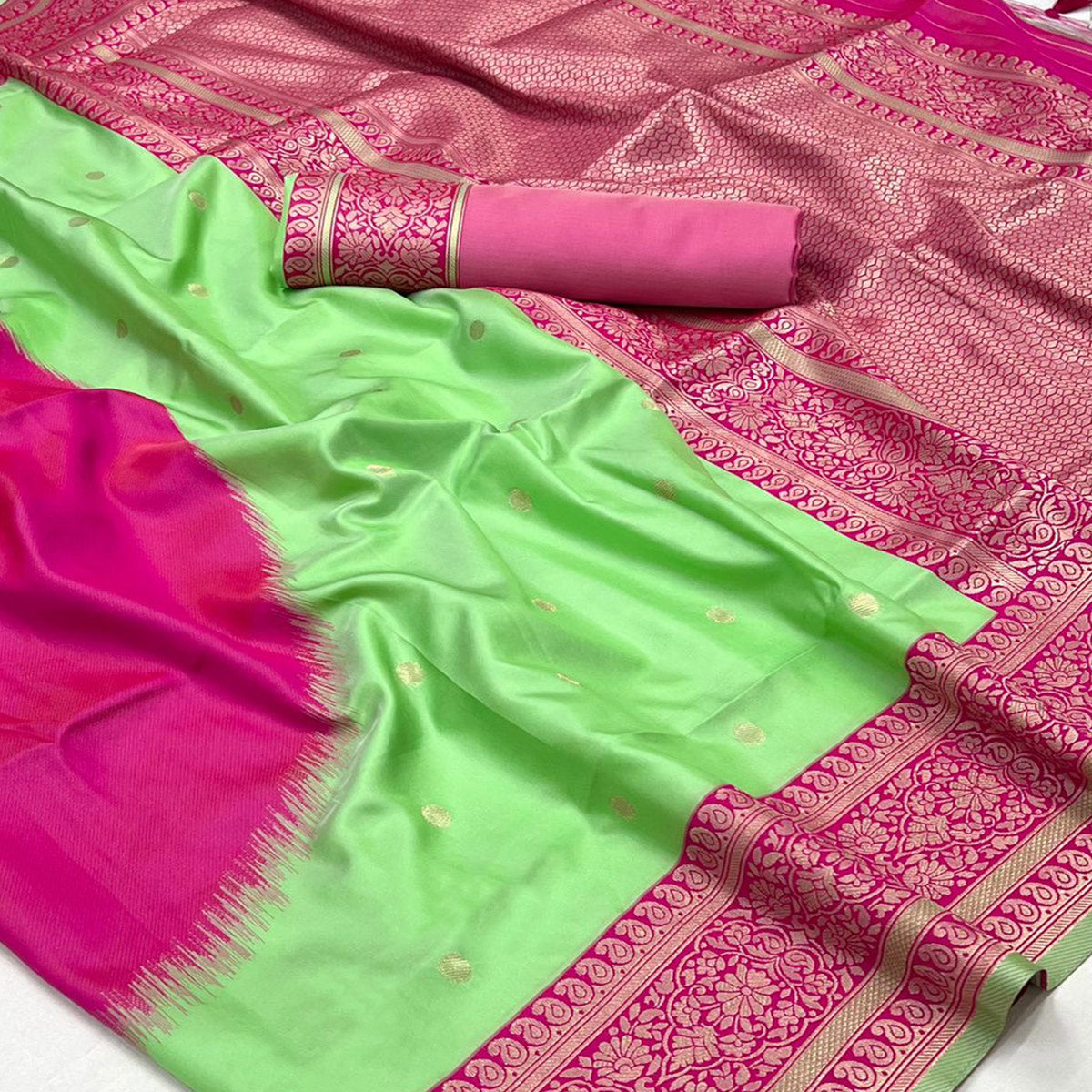 Parrot Green & Pink Zari Butti Work Banarasi Silk Saree