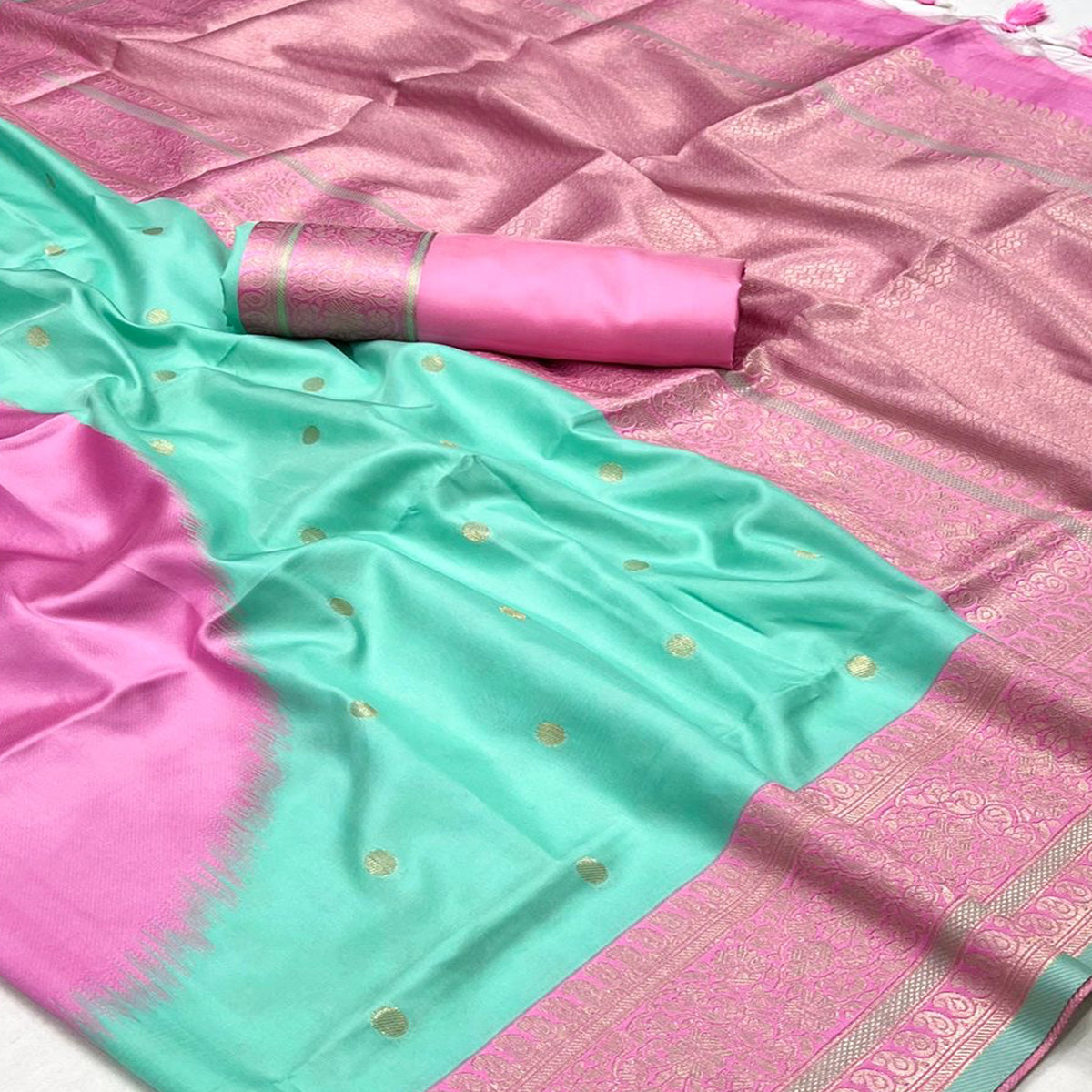 Turquoise & Pink Zari Butti Work Banarasi Silk Saree