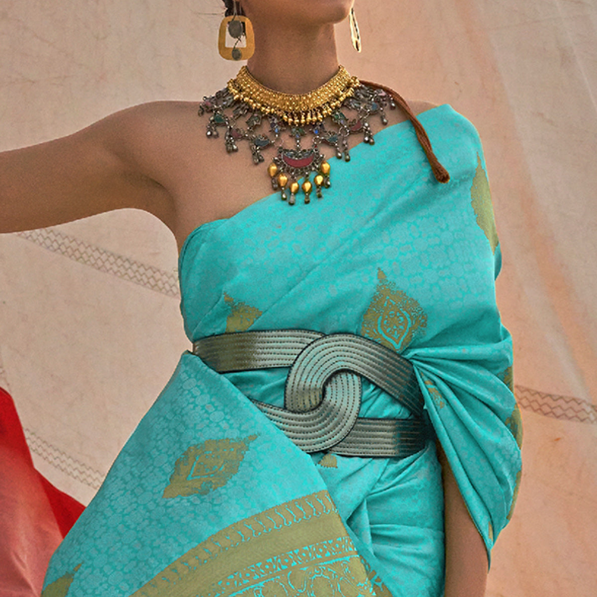 Sky Blue Woven Satin Two Tone Saree