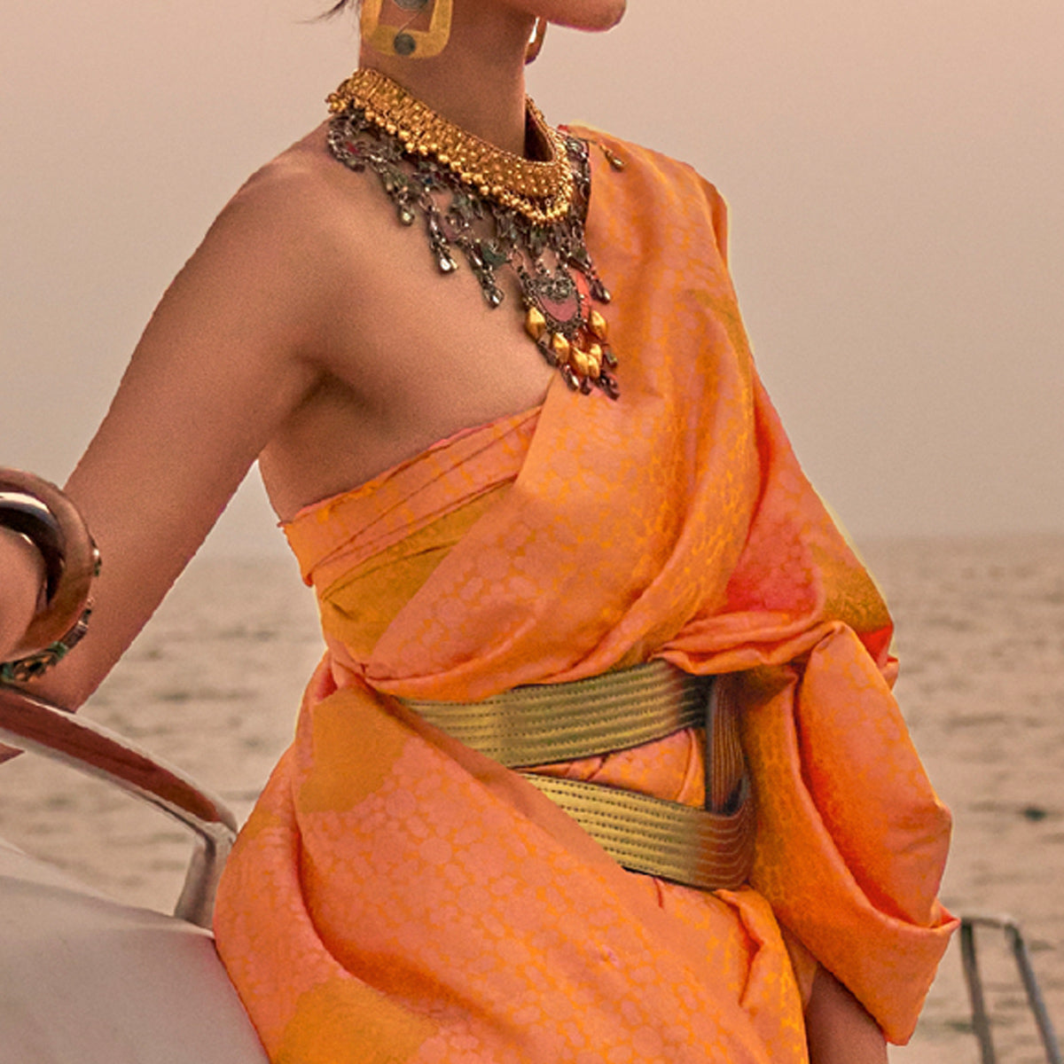 Peach Woven Satin Two Tone Saree