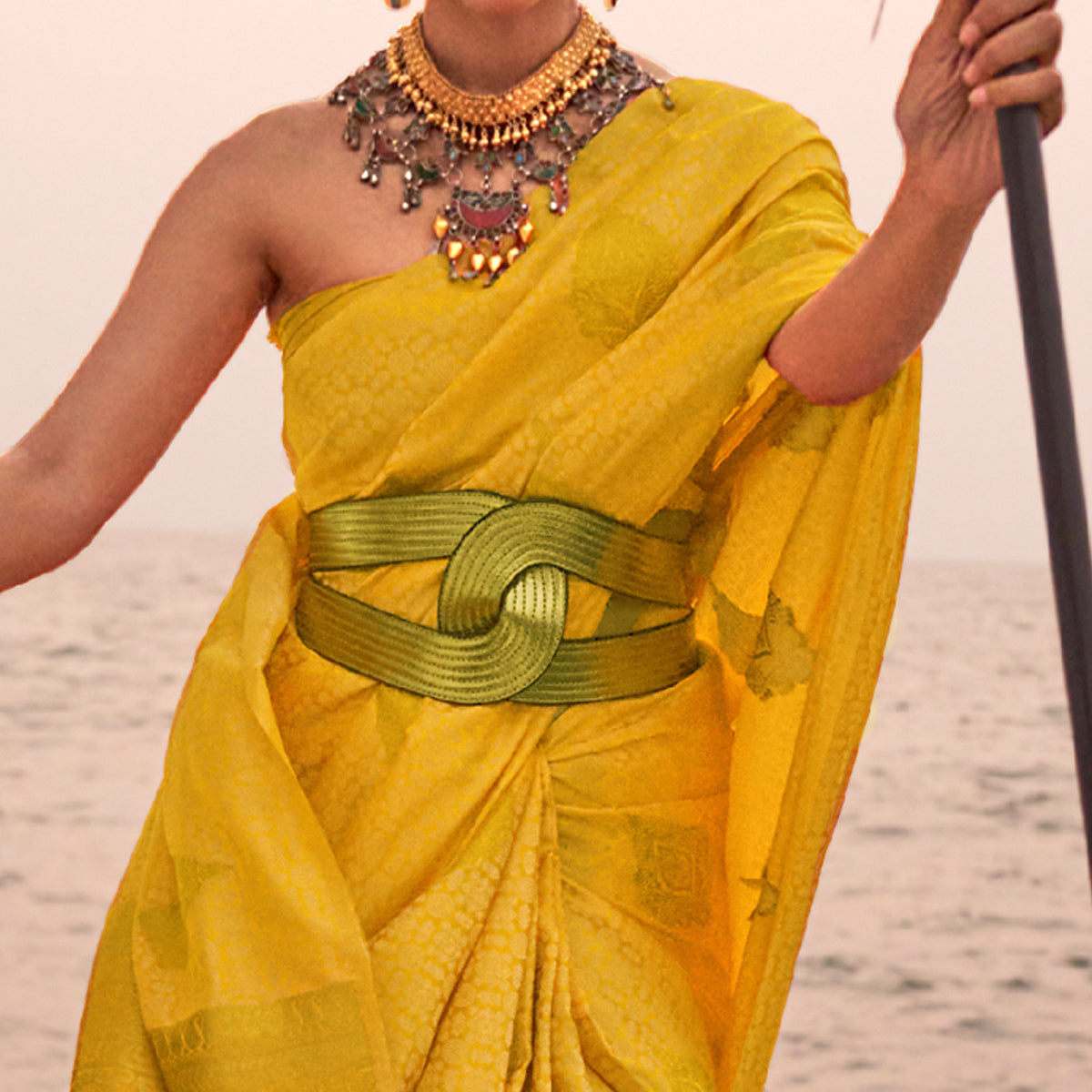 Yellow Woven Satin Two Tone Saree