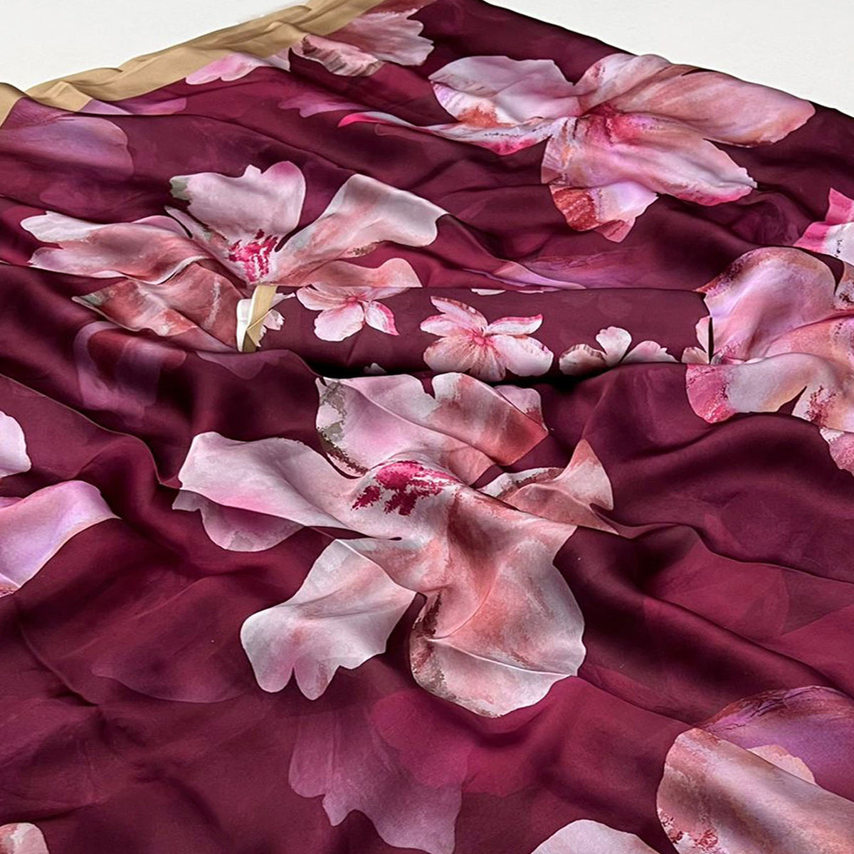 Wine Floral Digital Printed Satin Saree